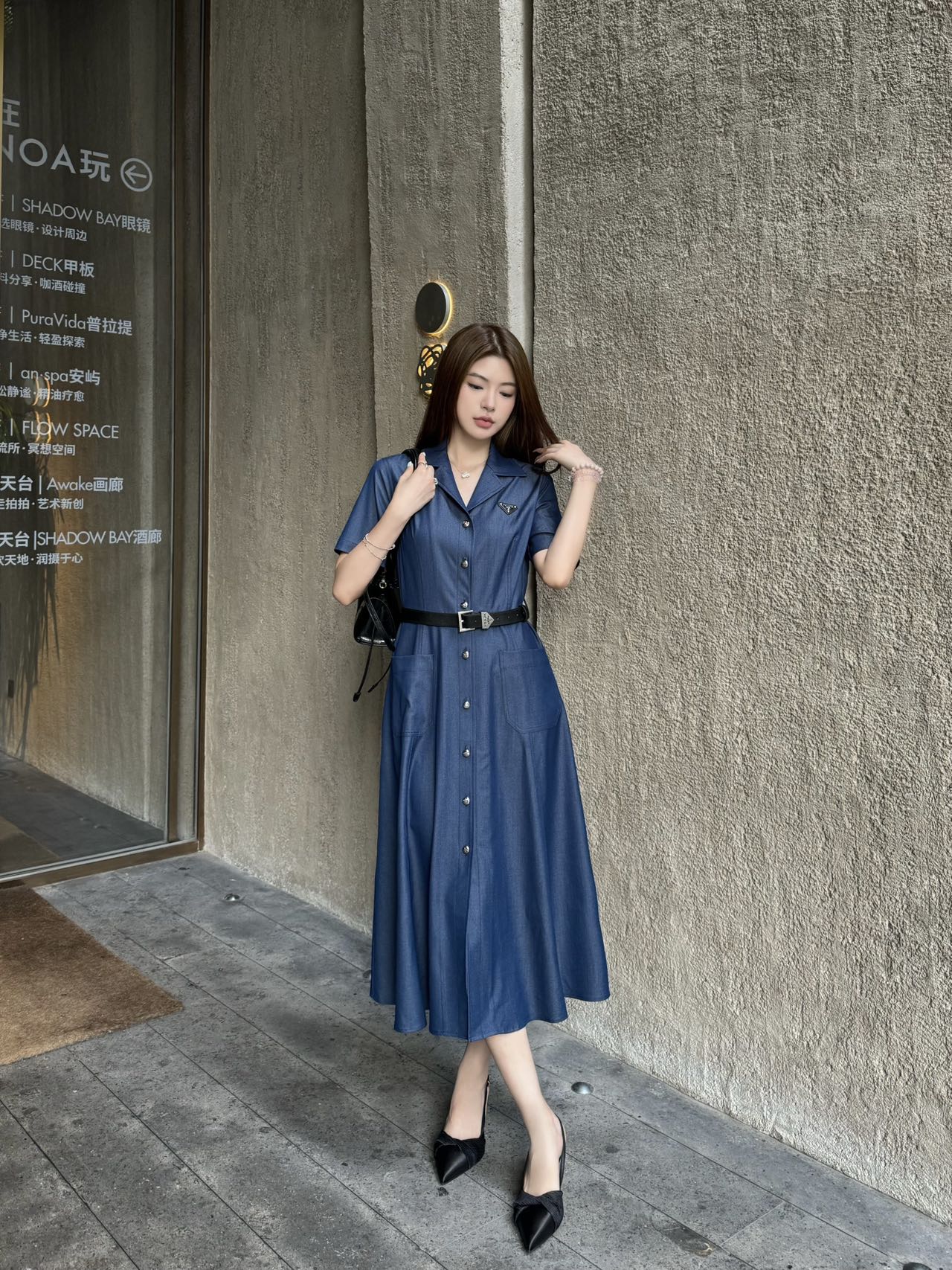 Pra* 25ss mid-length belted denim dress