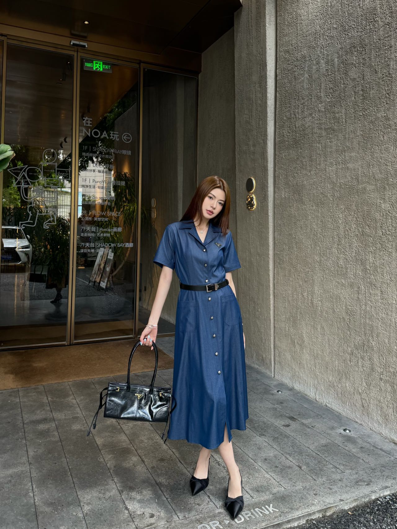 Pra* 25ss mid-length belted denim dress