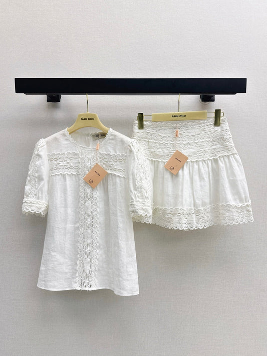 M*u 25ss lace shirt and shorts linen suit