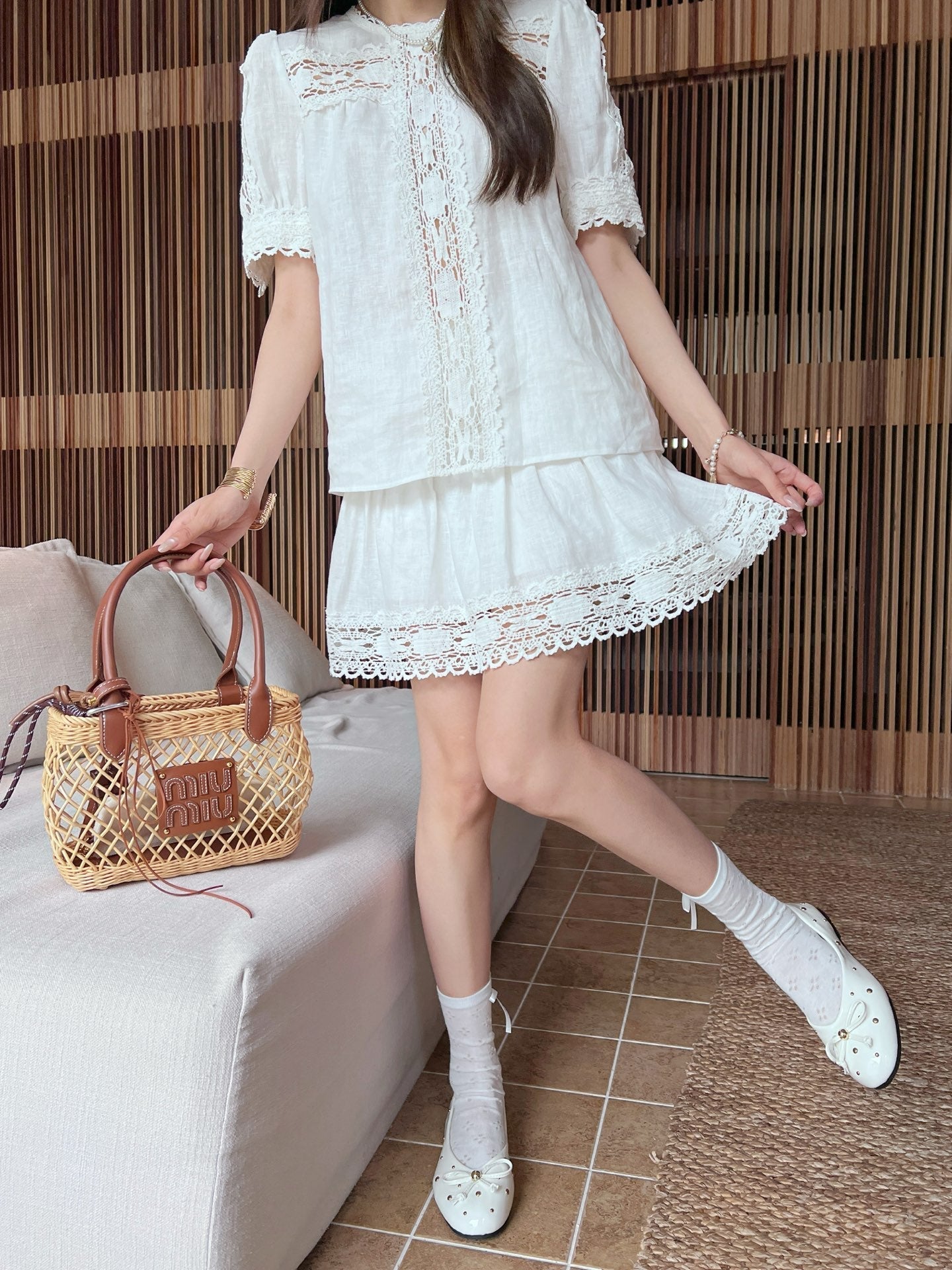 M*u 25ss lace shirt and shorts linen suit