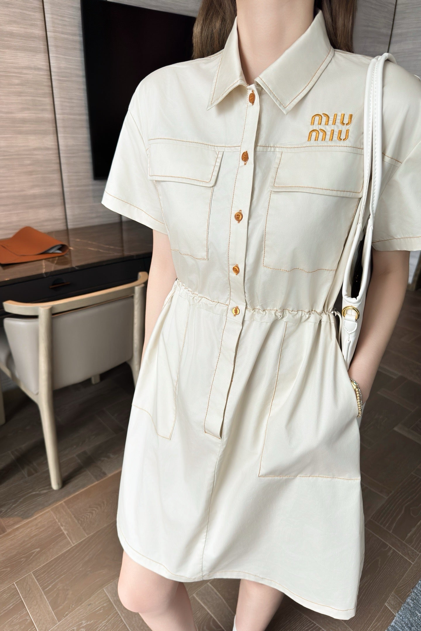 M*u 25ss embroidered cargo waist dress