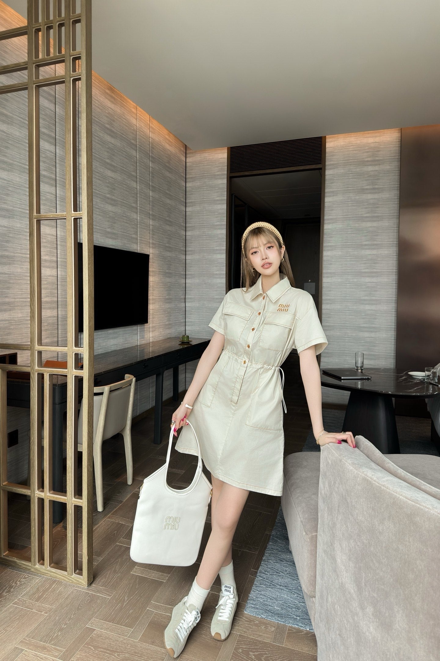 M*u 25ss embroidered cargo waist dress