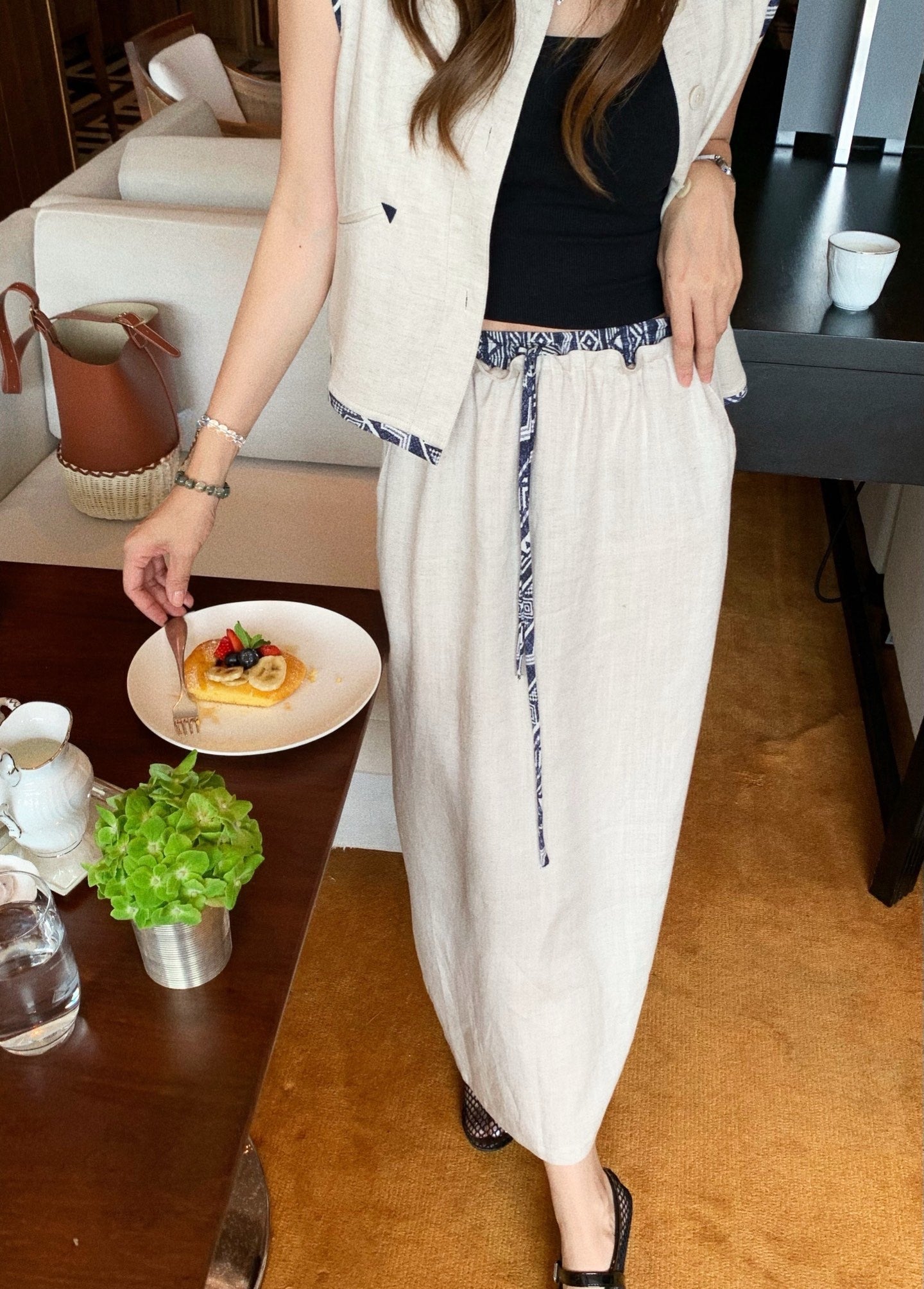 Lor*P 25ss linen cropped vest and long skirt suit