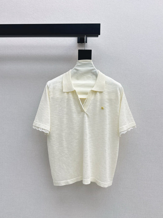 Cel* 25ss lace trim polo sweater