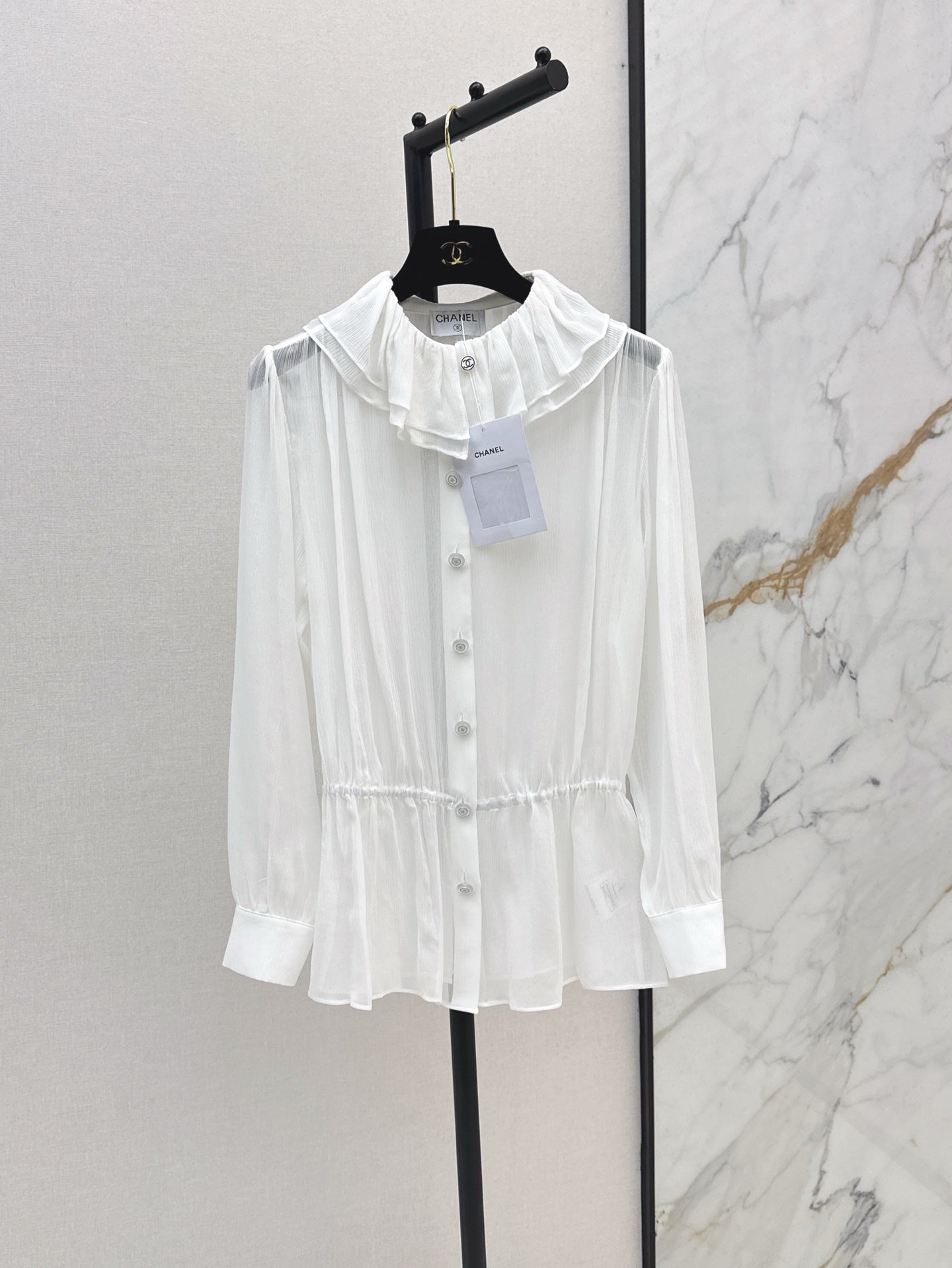 C*nel 25ss ruffled sheer silk blouse