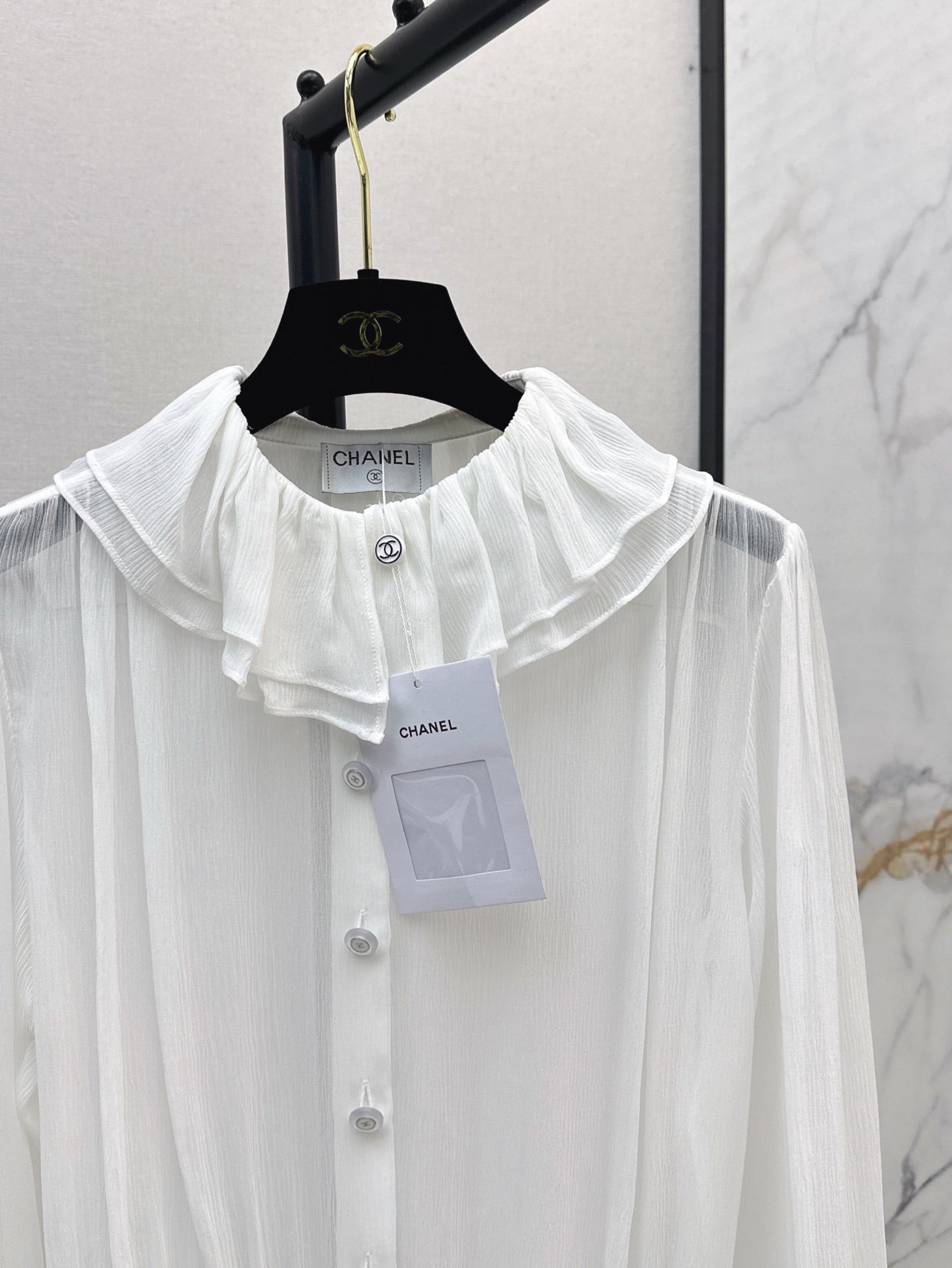 C*nel 25ss ruffled sheer silk blouse