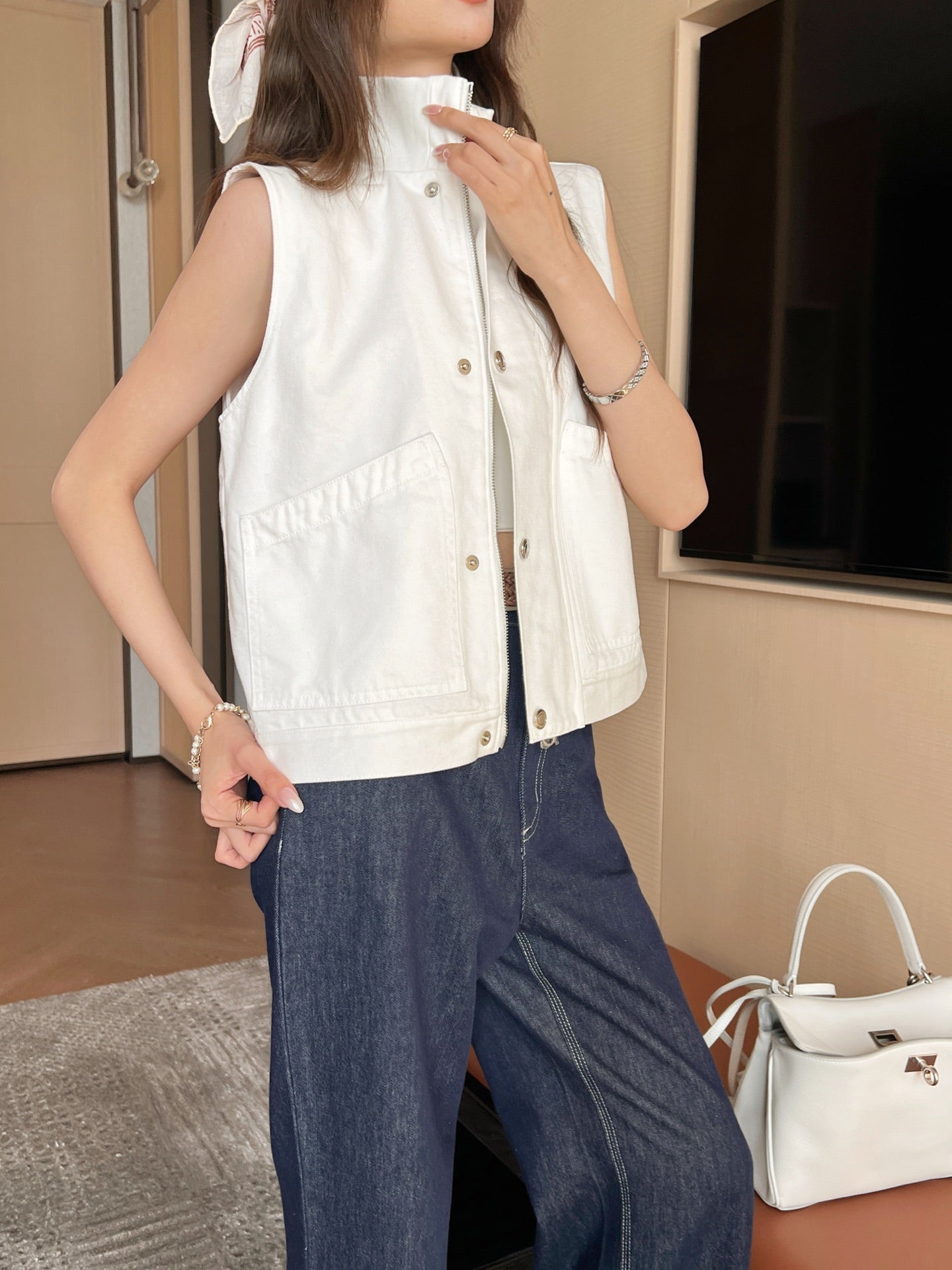 Lor*P 25ss ribbed stand collar denim vest