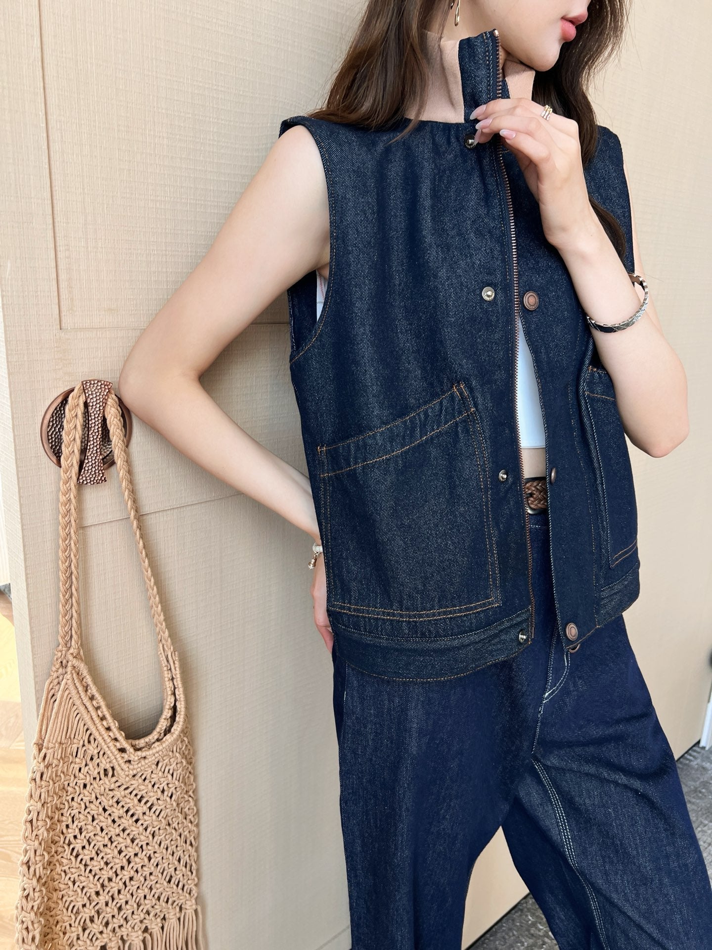 Lor*P 25ss ribbed stand collar denim vest