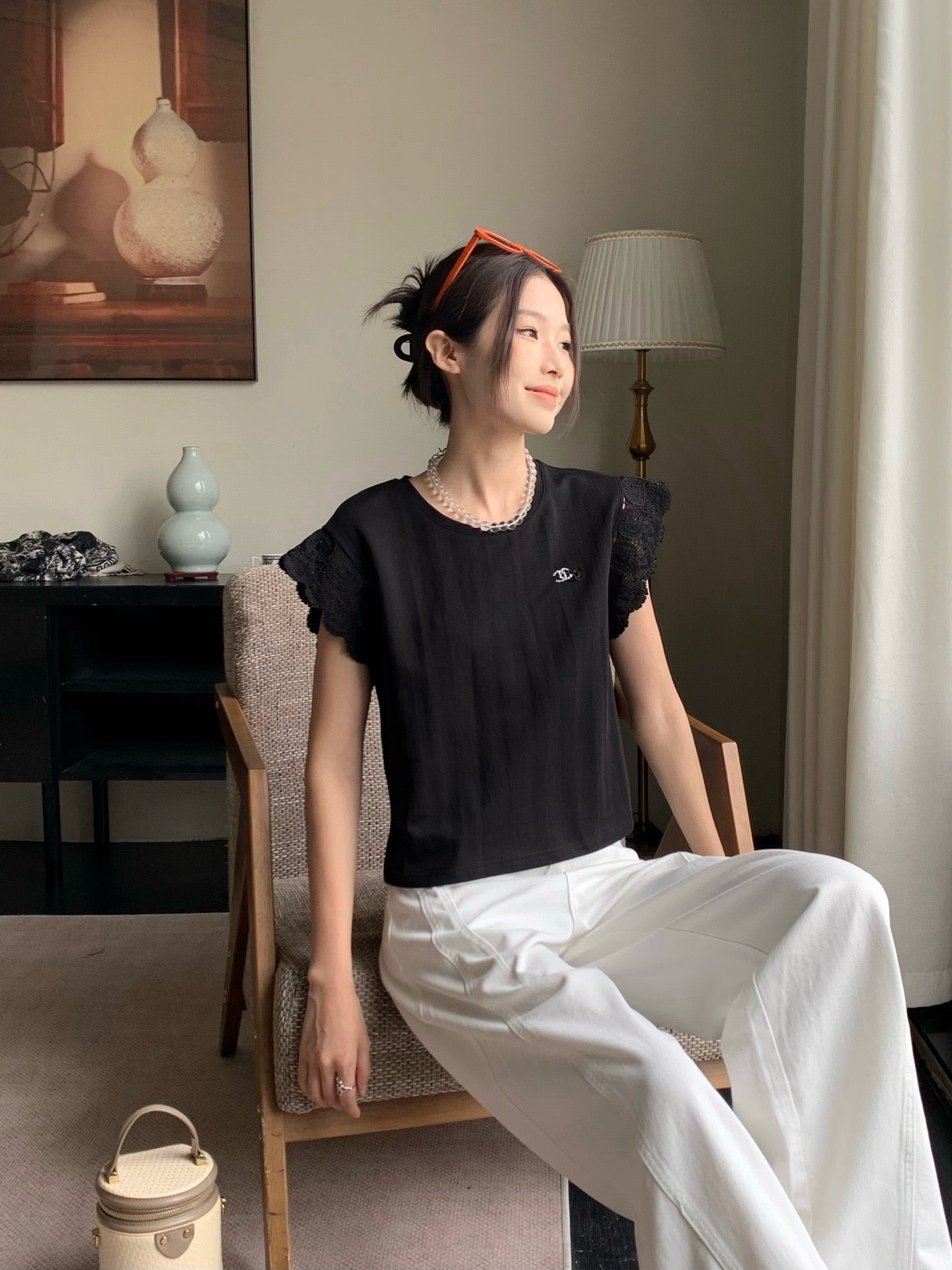 C*nel 25ss floral lace trim t-shirt