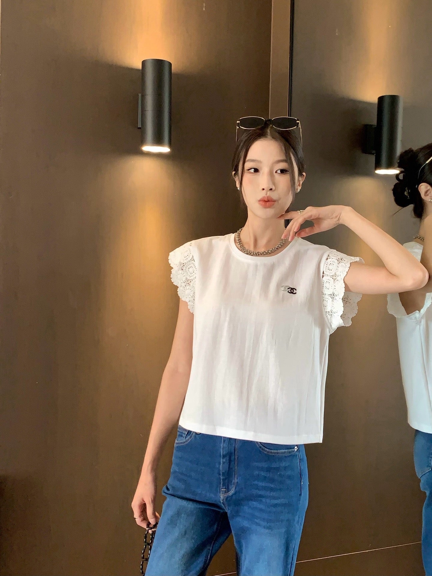 C*nel 25ss floral lace trim t-shirt