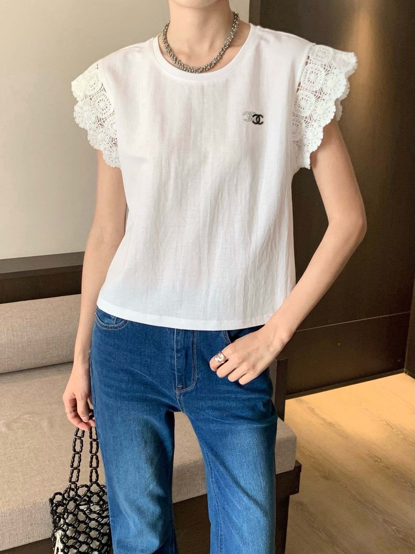 C*nel 25ss floral lace trim t-shirt