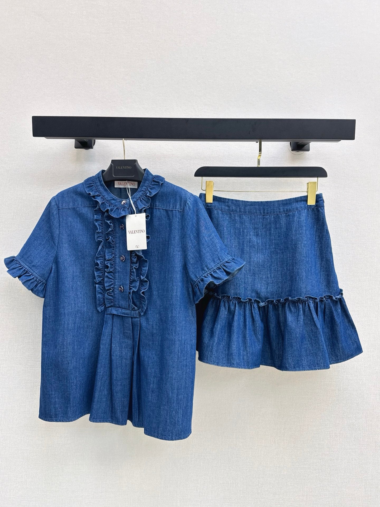 Valen* 25ss ruffiled denim shirt and mini skirt set