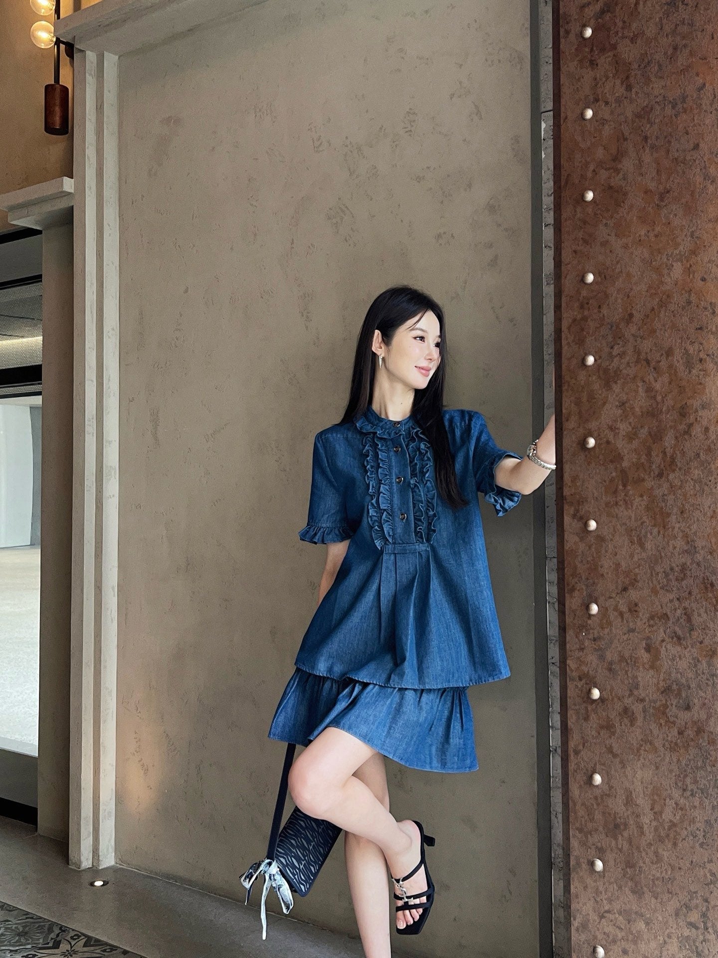 Valen* 25ss ruffiled denim shirt and mini skirt set