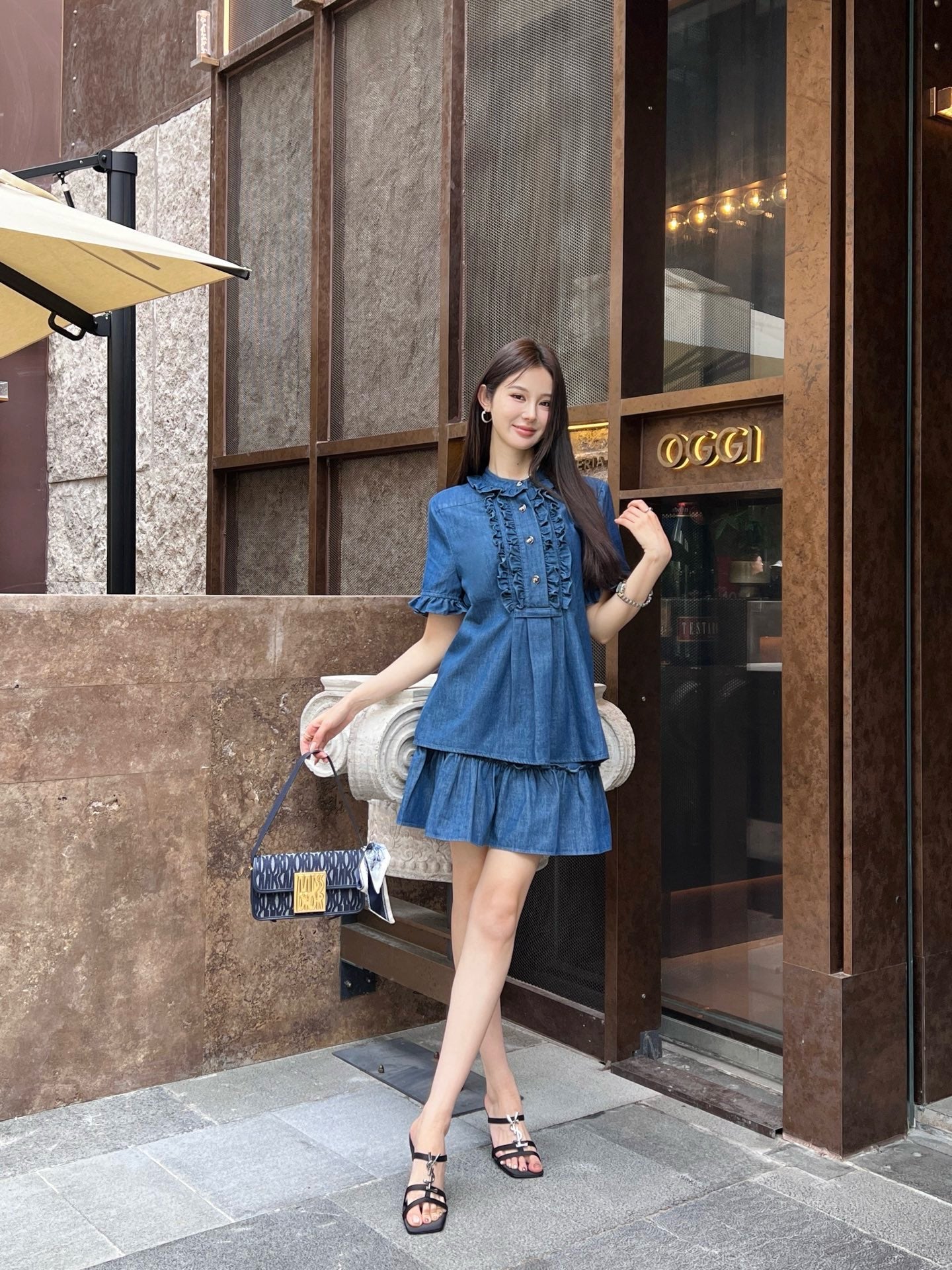 Valen* 25ss ruffiled denim shirt and mini skirt set