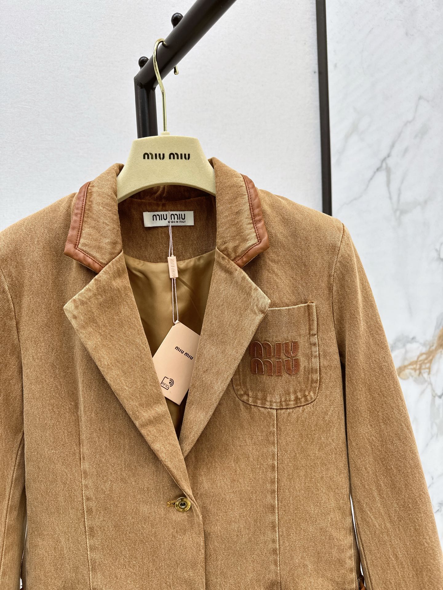 M*u 25ss denim and leather blazer jacket