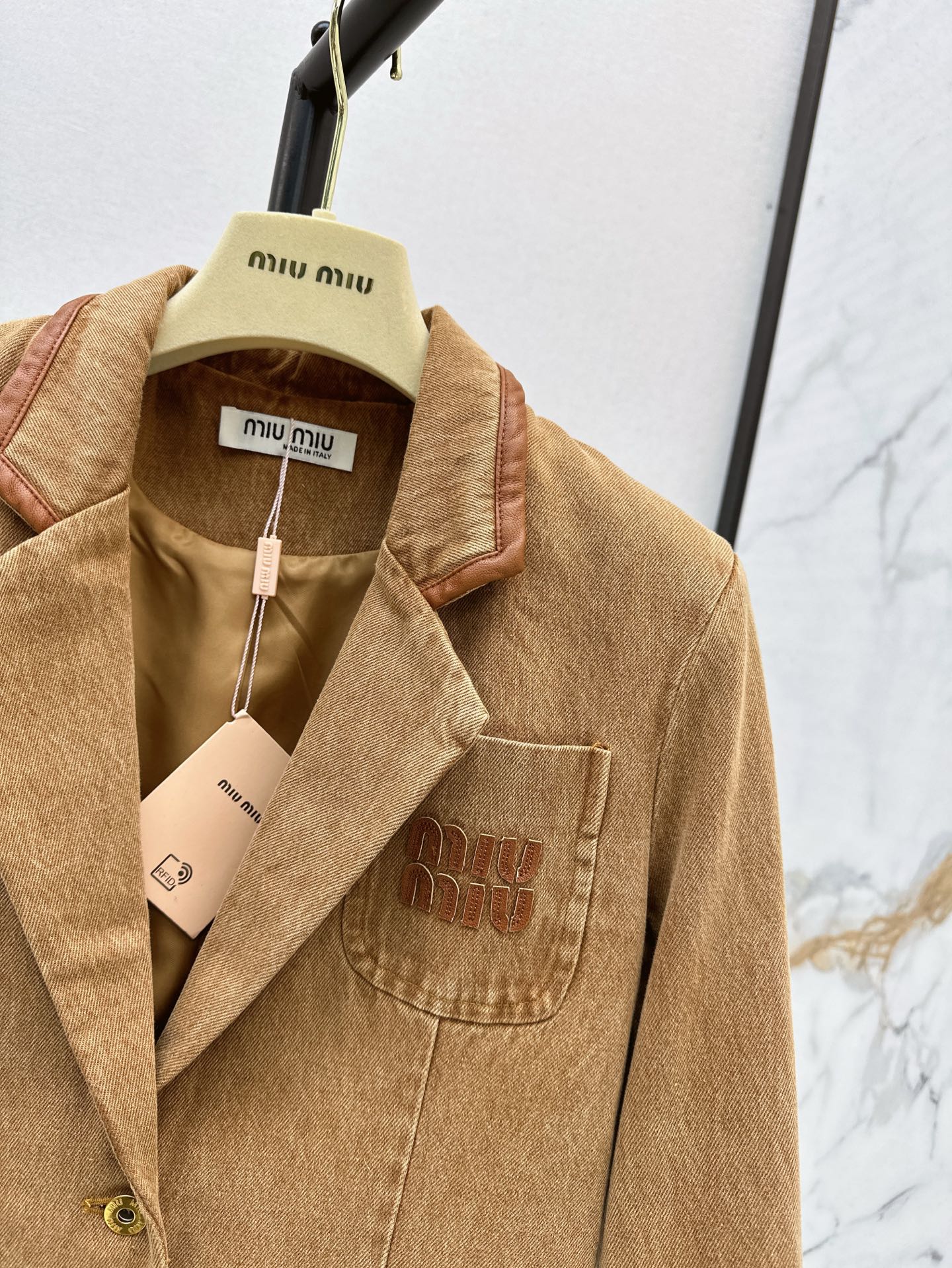 M*u 25ss denim and leather blazer jacket