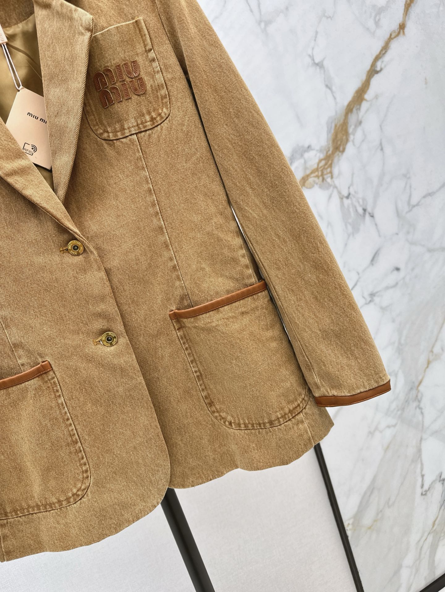 M*u 25ss denim and leather blazer jacket