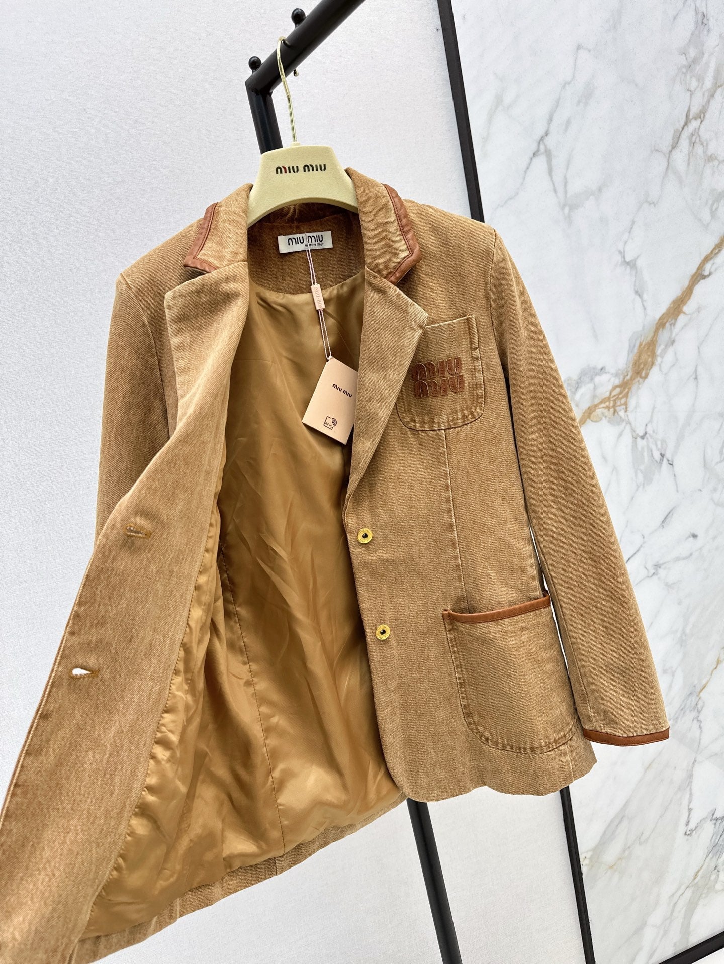 M*u 25ss denim and leather blazer jacket