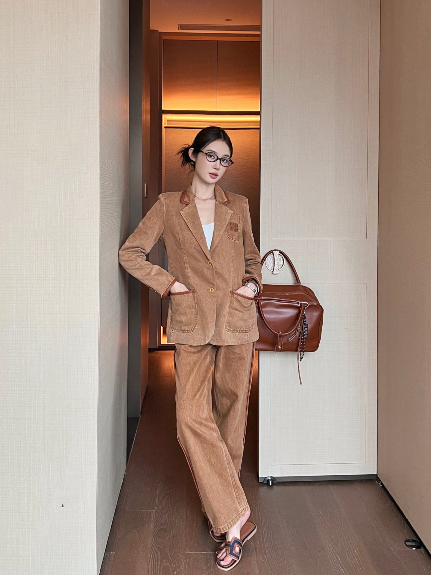 M*u 25ss denim and leather blazer jacket