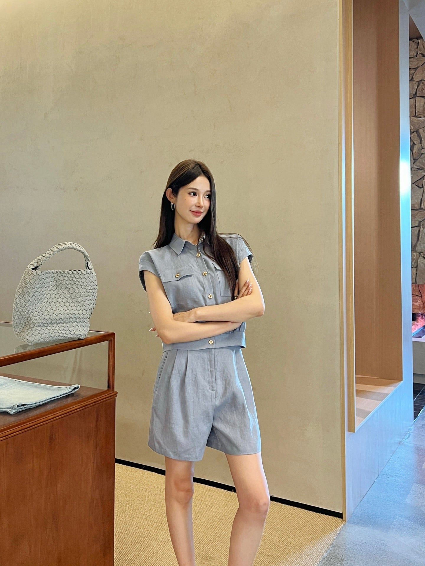 Lor*P 25ss linen cap sleeve top and shorts set