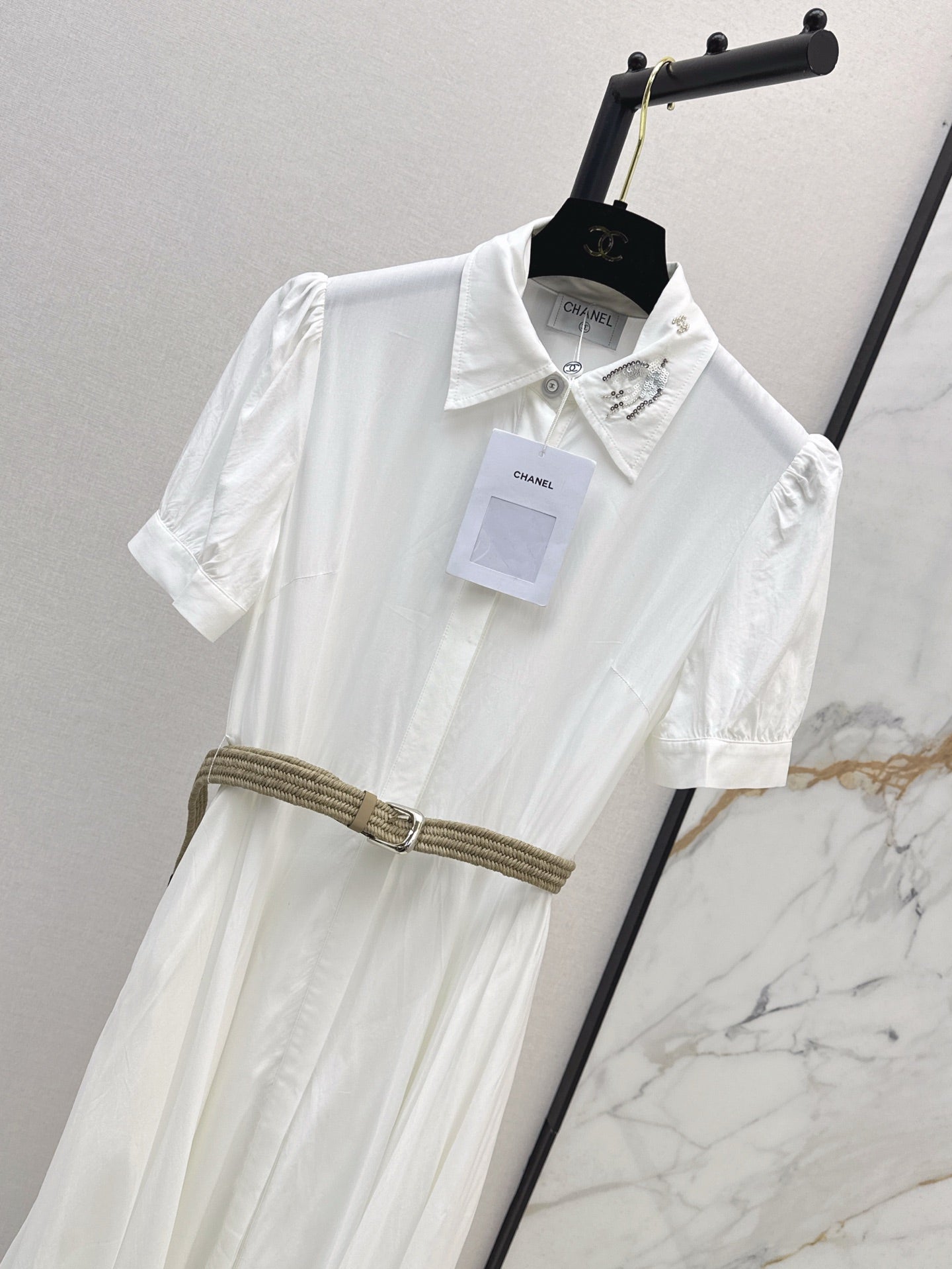 C*nel 25ss embroidered belted long shirt dress