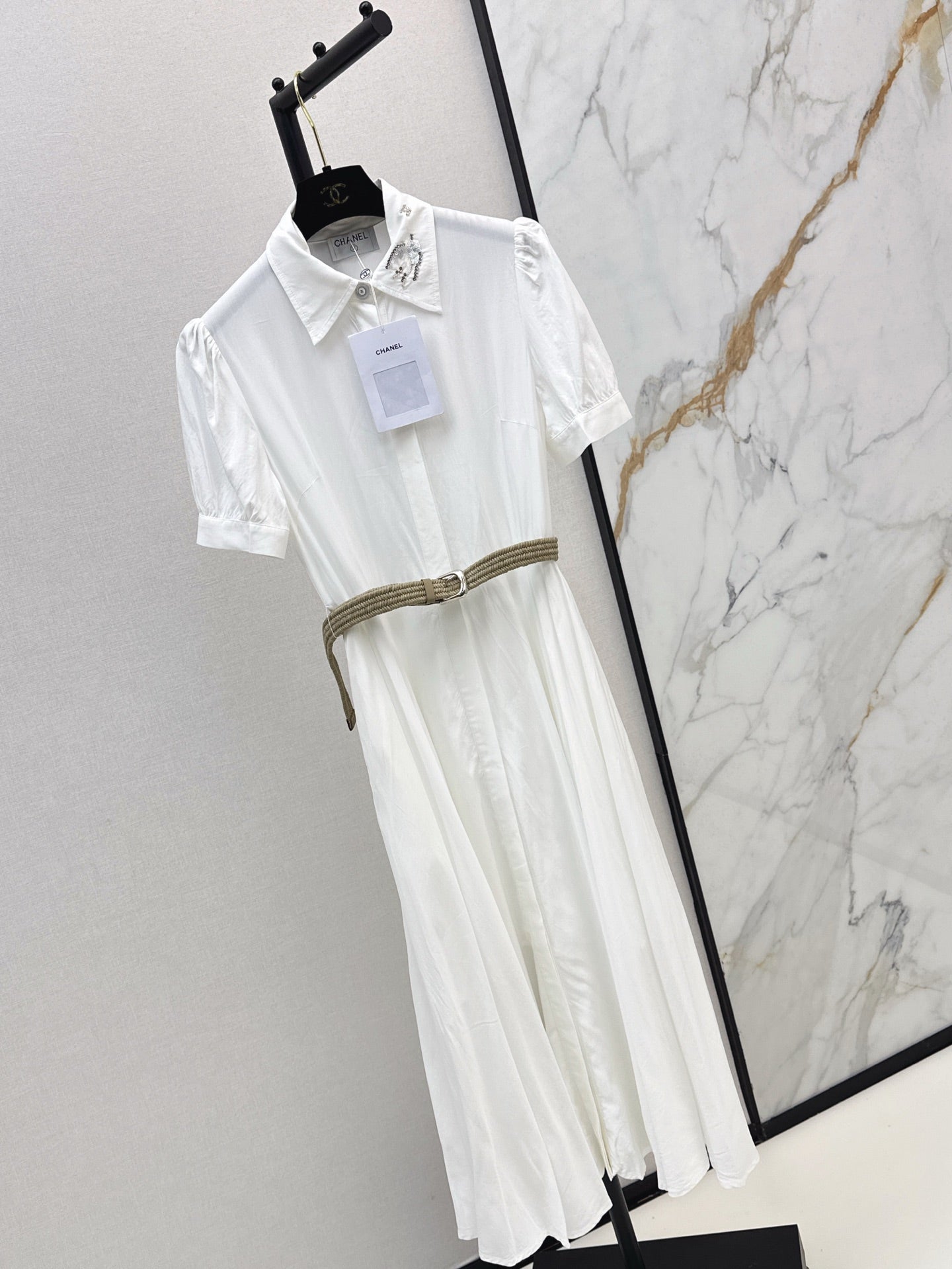 C*nel 25ss embroidered belted long shirt dress