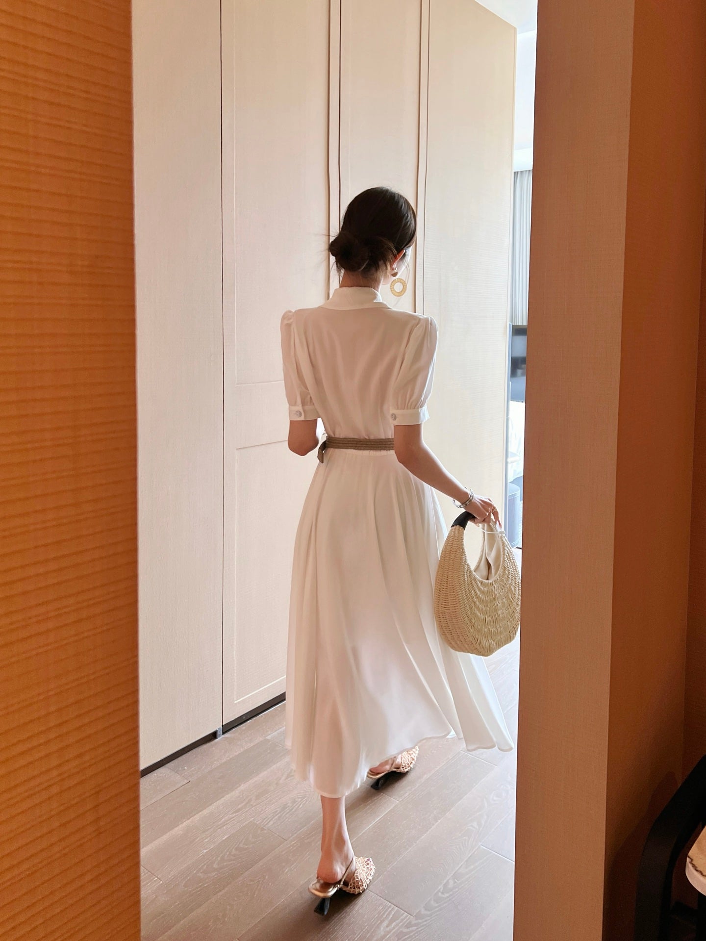 C*nel 25ss embroidered belted long shirt dress