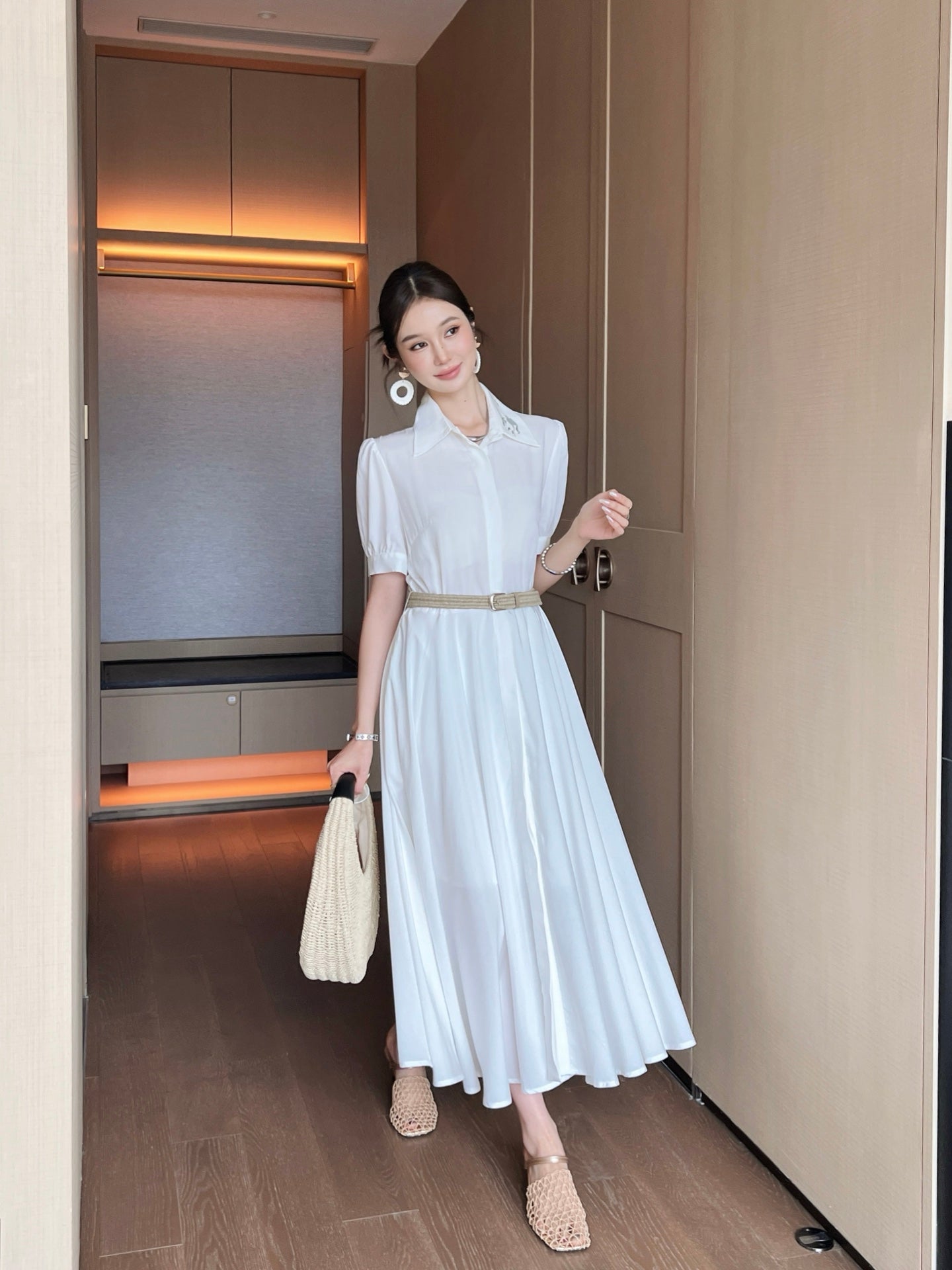 C*nel 25ss embroidered belted long shirt dress