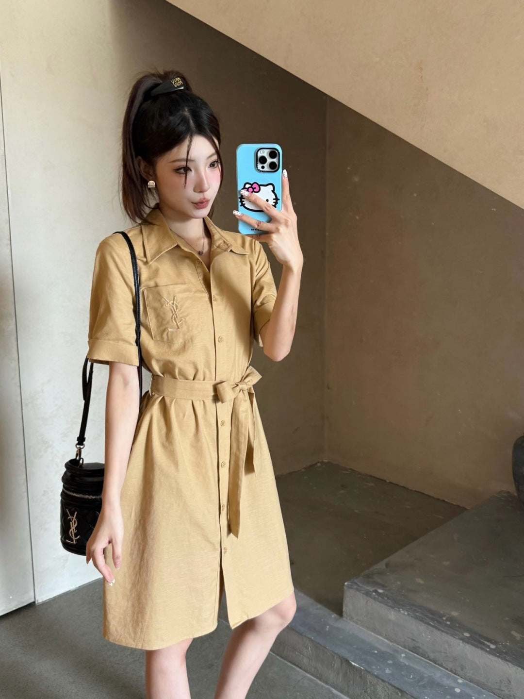 YS* embroidered tied shirtdress