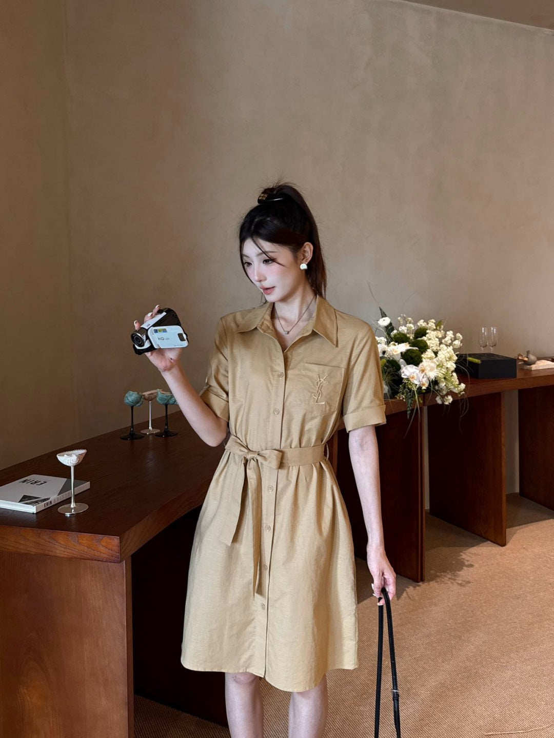 YS* embroidered tied shirtdress