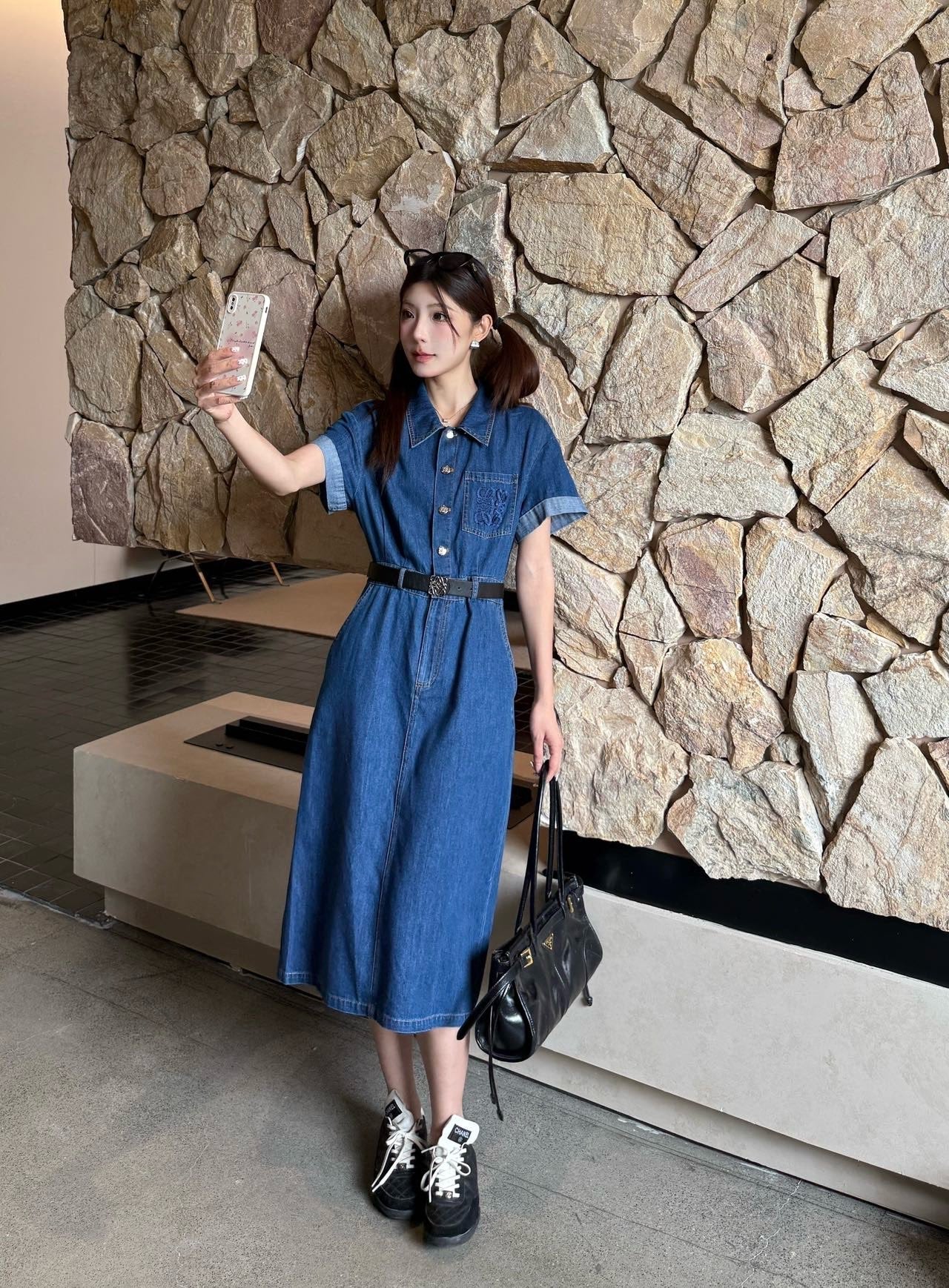 Loe* button belted denim dress