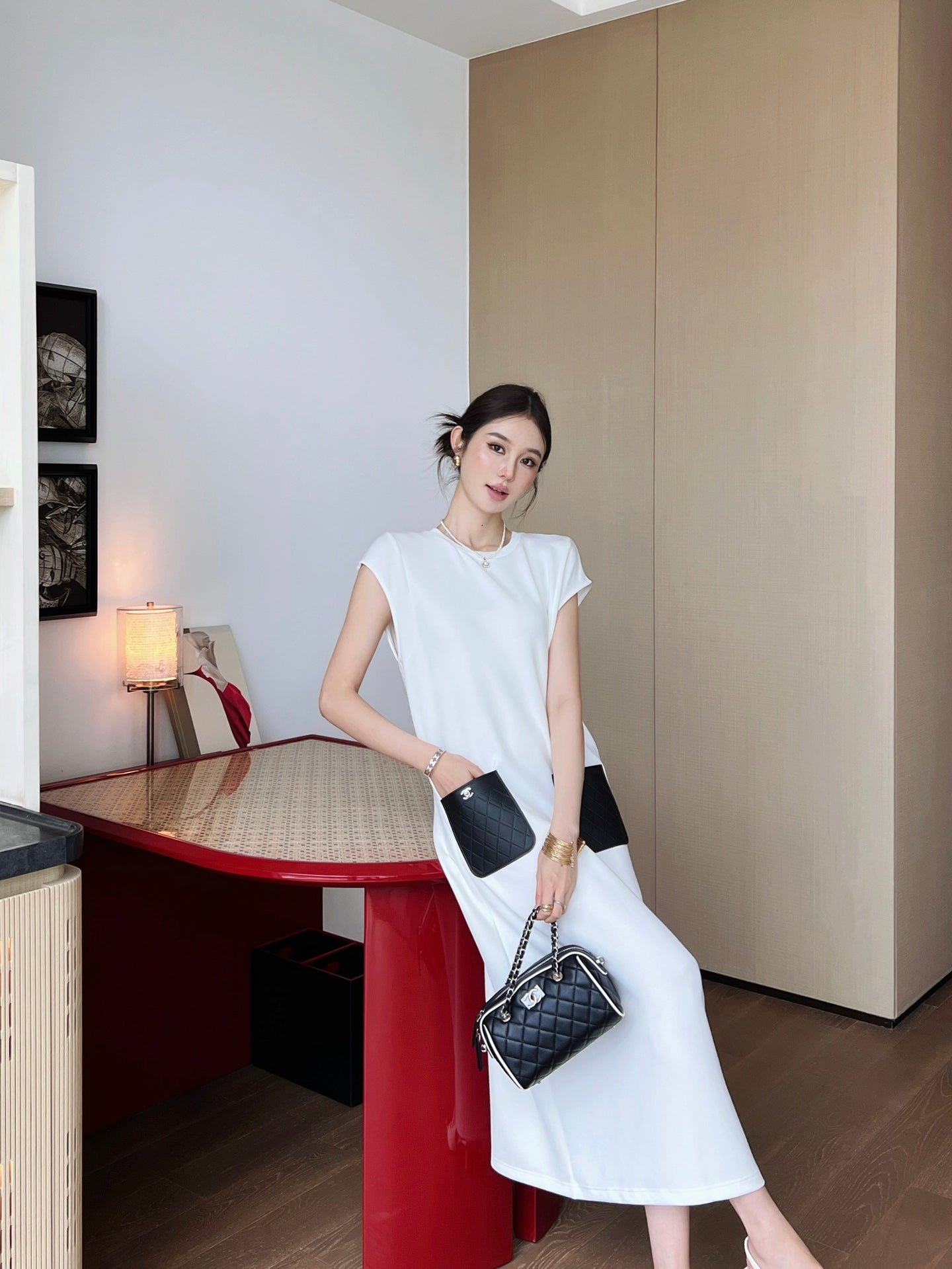 C*nel 25ss leather pocket long dress