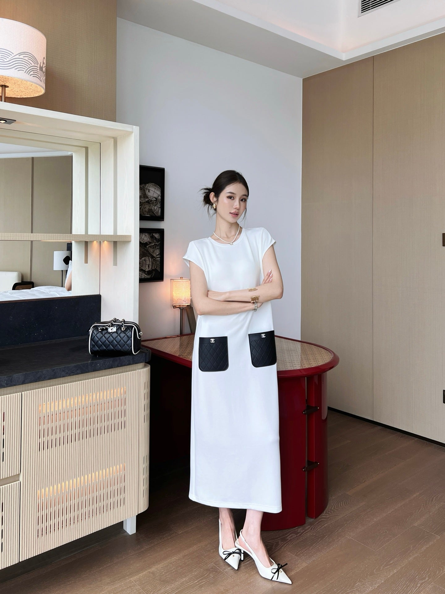 C*nel 25ss leather pocket long dress