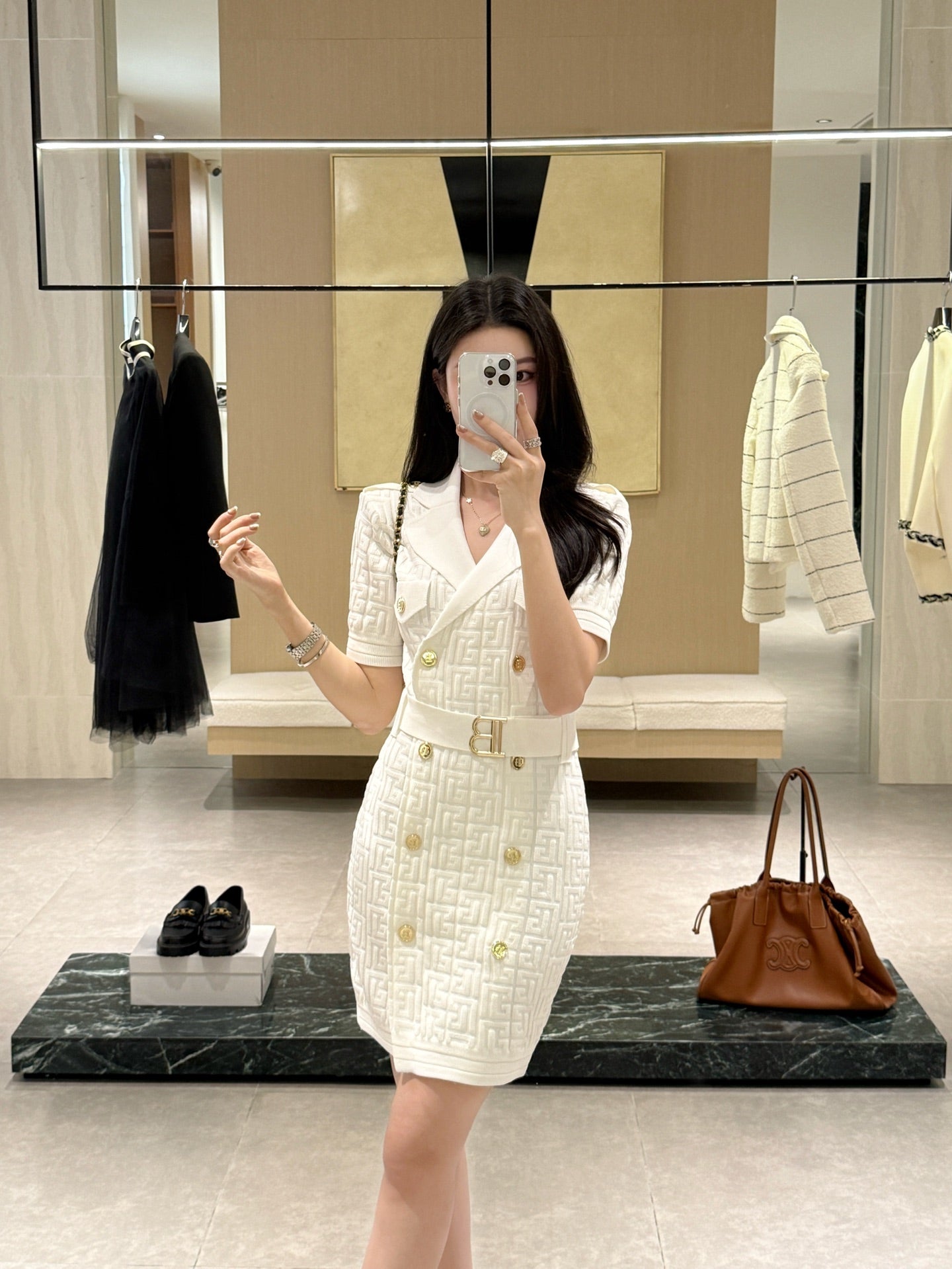 Balm* 25ss monogram knitted dress with gold buttons