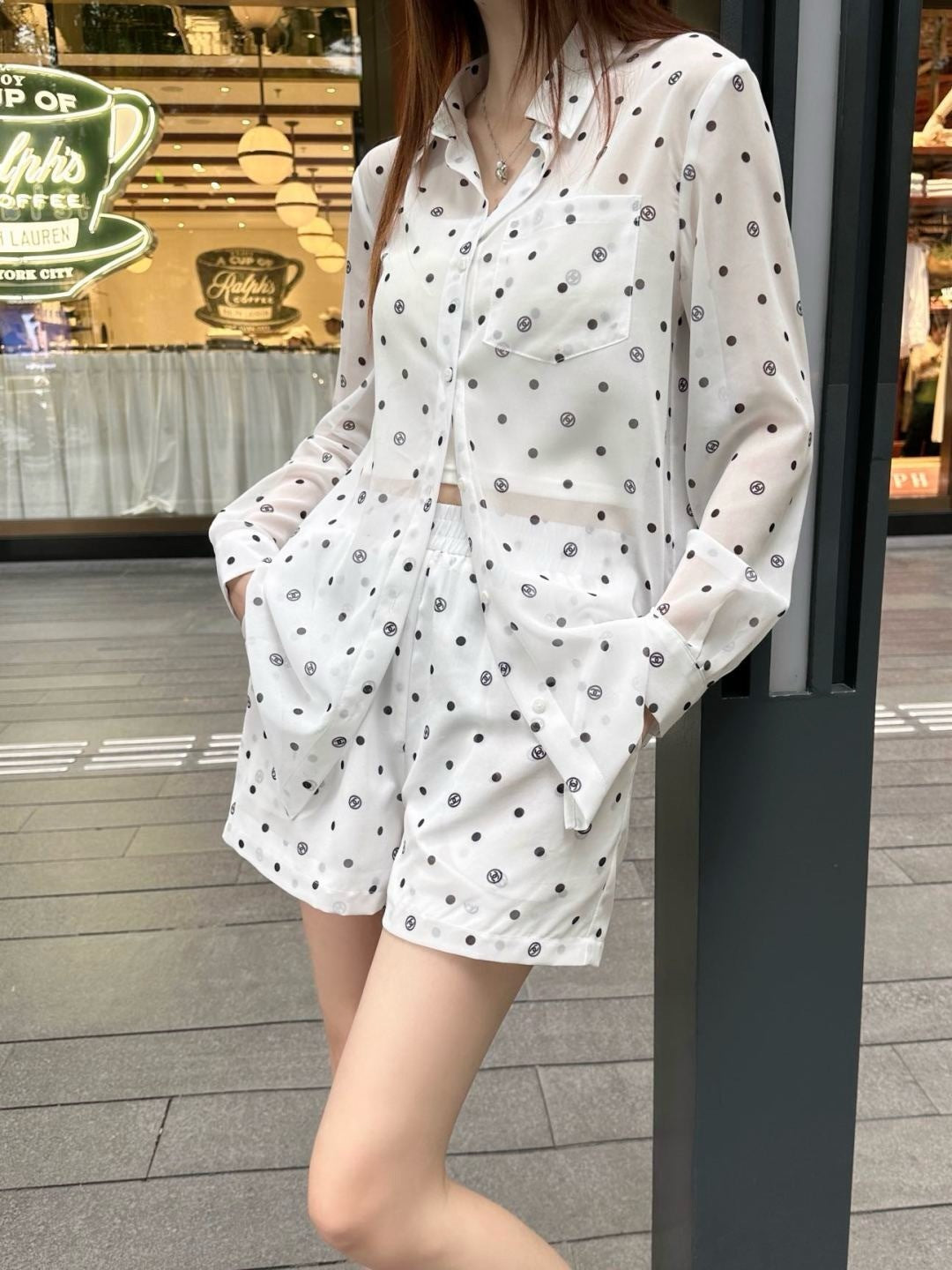 C*nel 25ss Slightly transparent shirt and shorts set