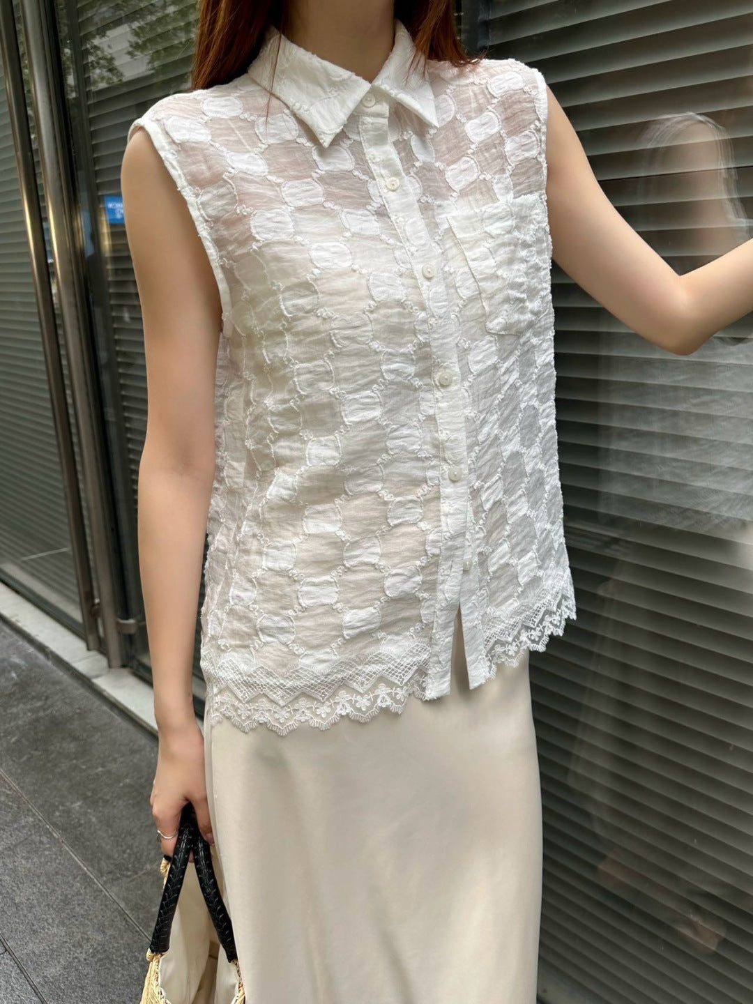 Gu* 25ss GG jacquard lace trim top