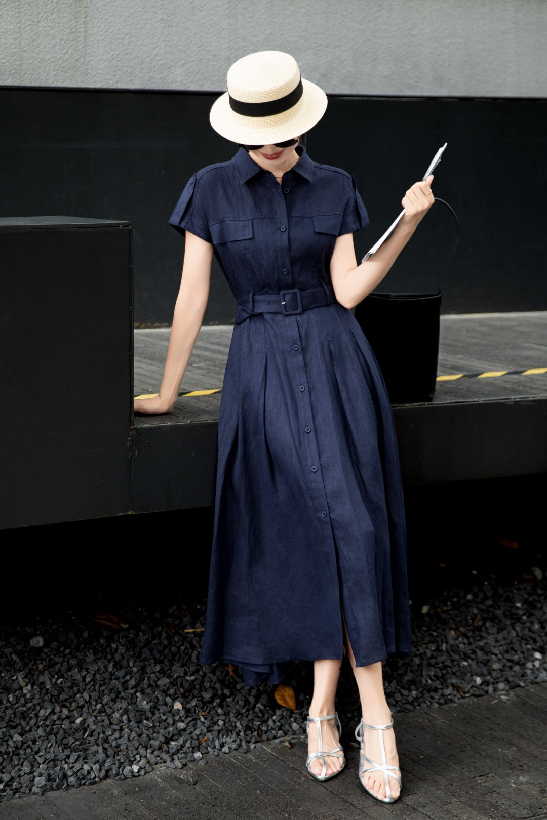 Lor*P 25ss tied belt cap sleeve shirt dress