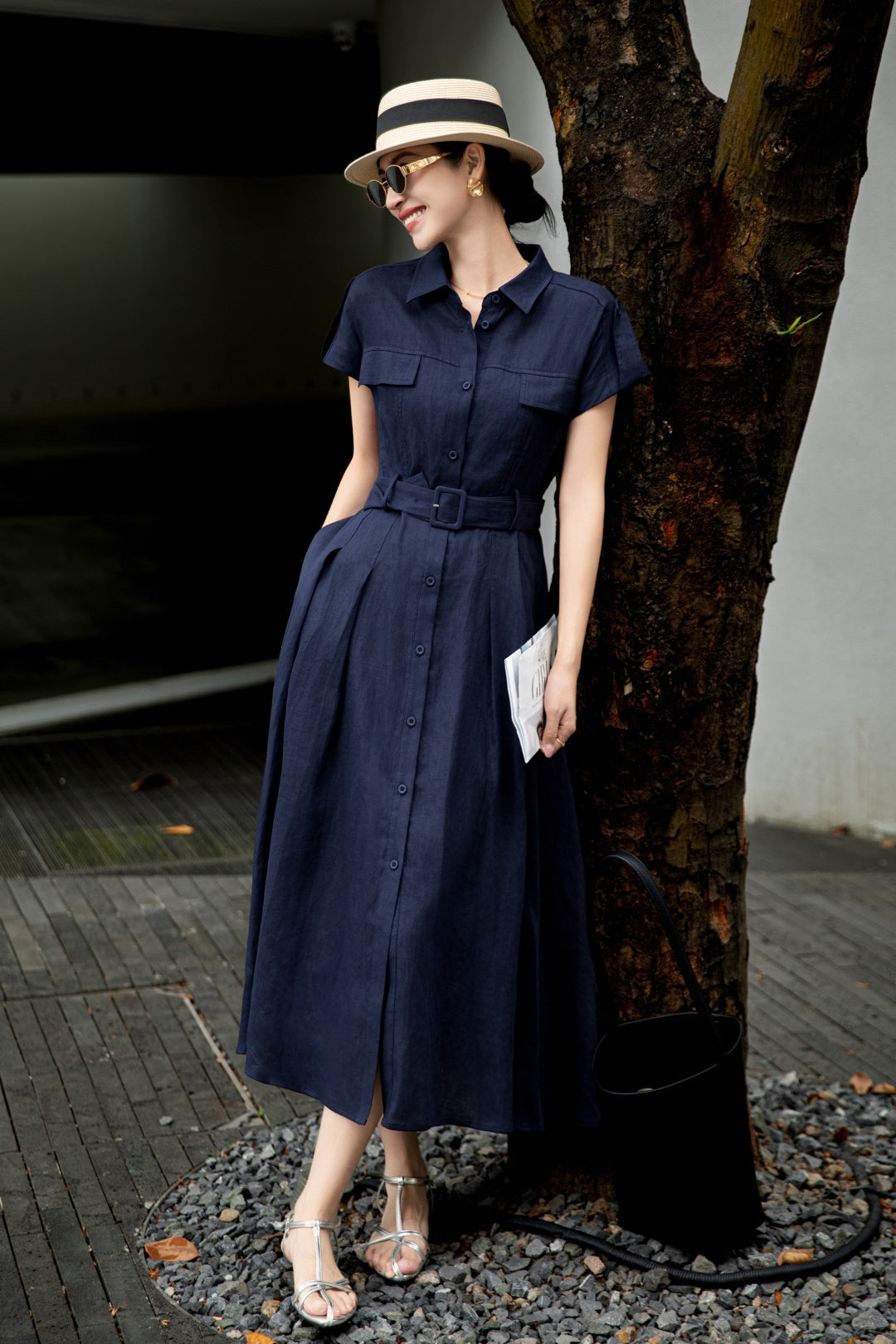 Lor*P 25ss tied belt cap sleeve shirt dress