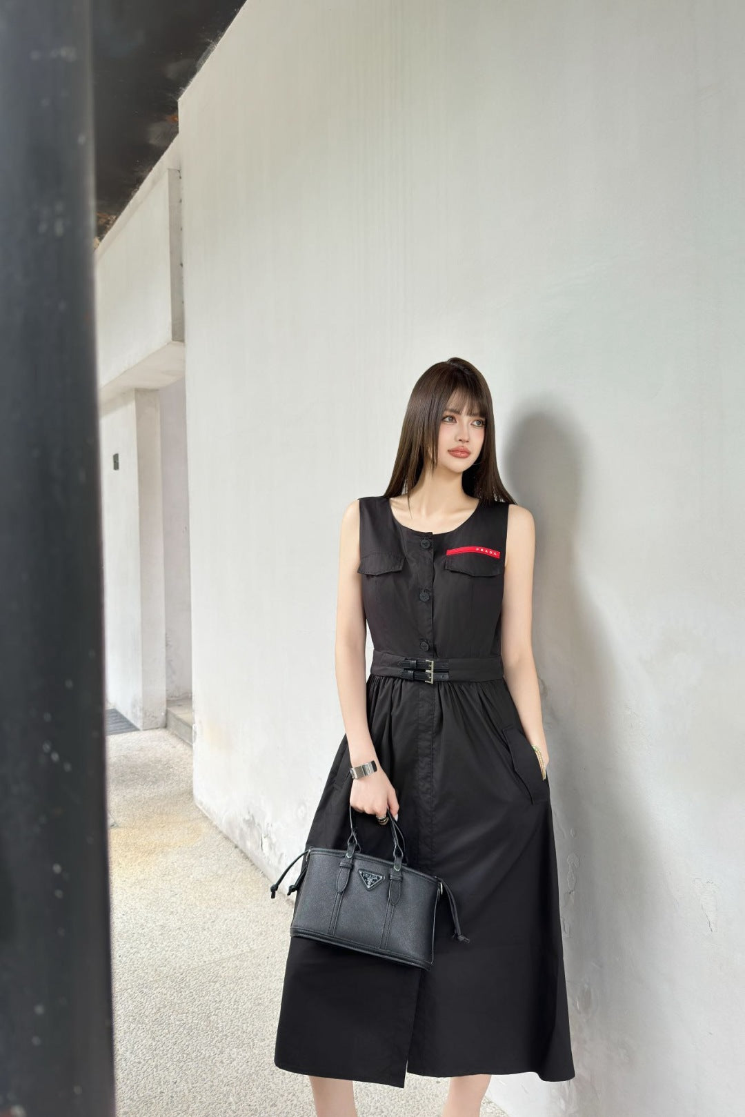 Pra* 25ss belted cotton sleeveless dress