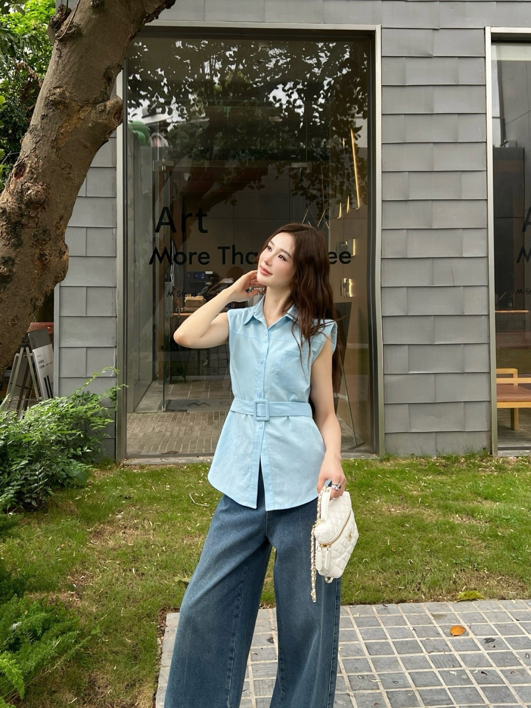 Loe* 25ss linen belted sleeveless blouse