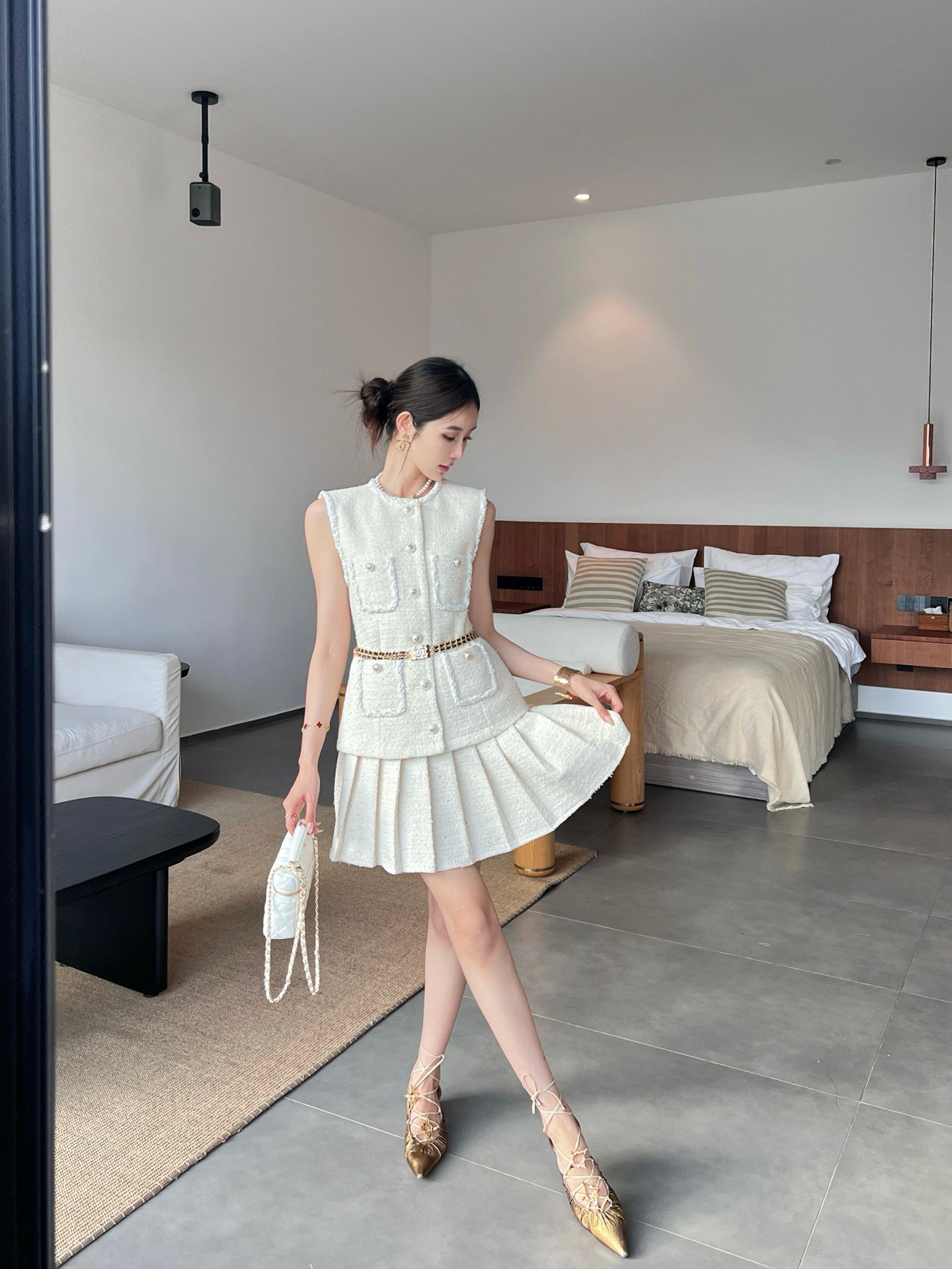 C*nel 25ss woven vest and skirt set