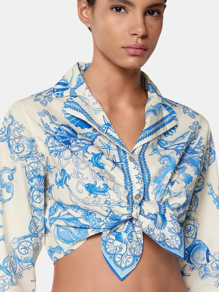 Versa* 25ss printed silk crop shirt