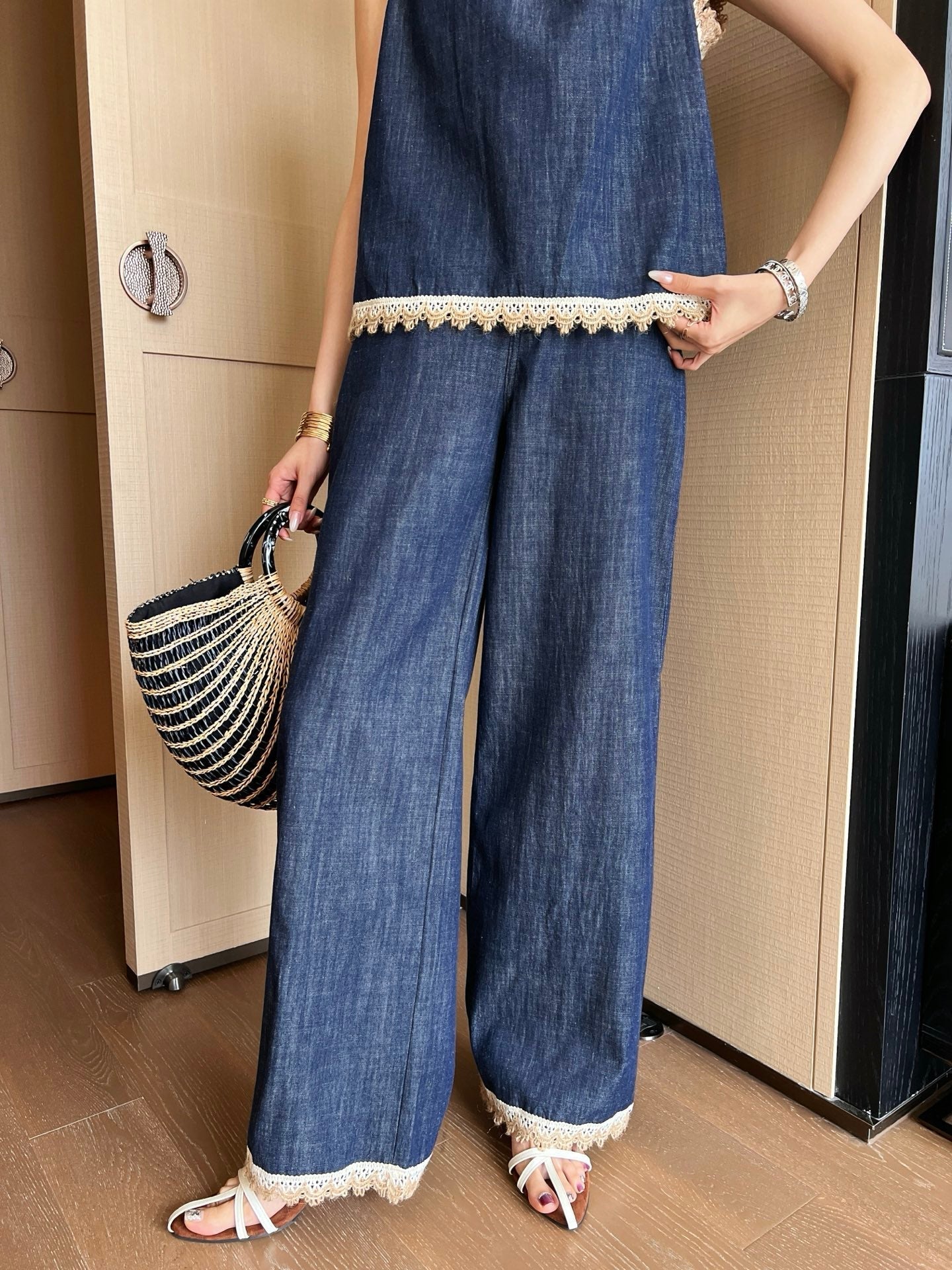 Lor*P 25ss denim set with embroidered trim