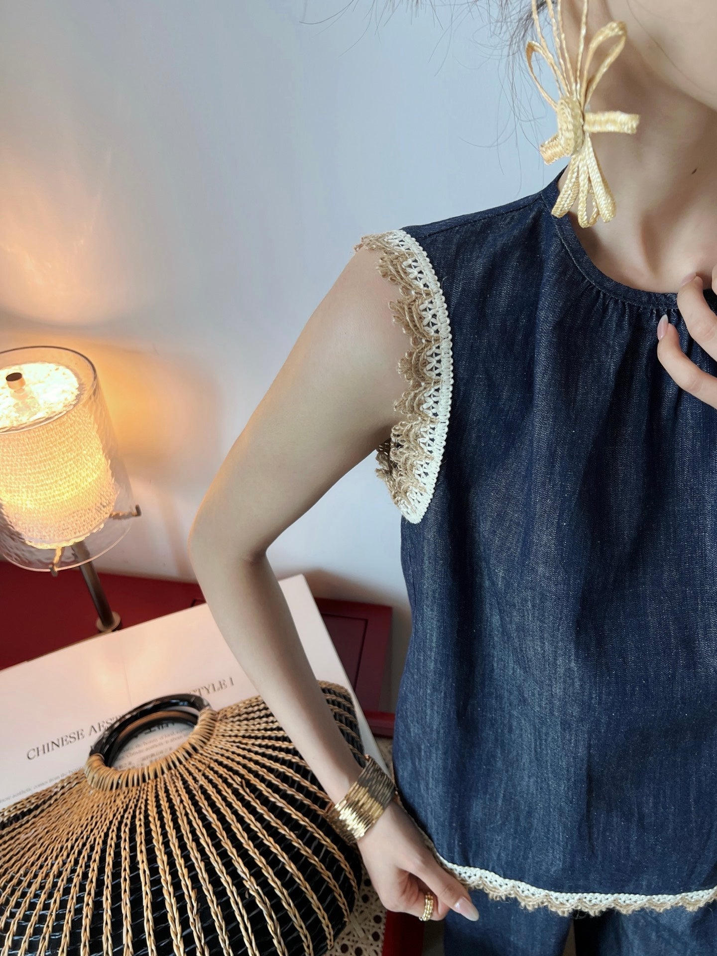 Lor*P 25ss denim set with embroidered trim