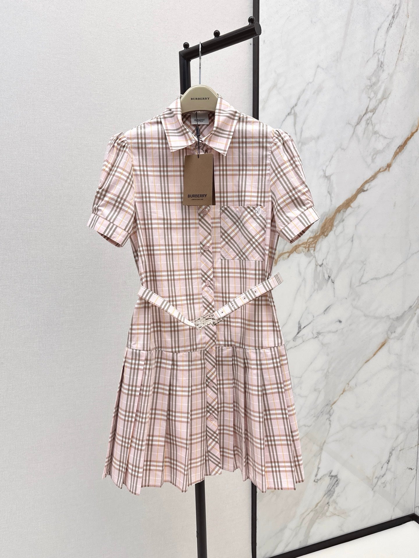 Bur* 25ss check pleated shirt dress
