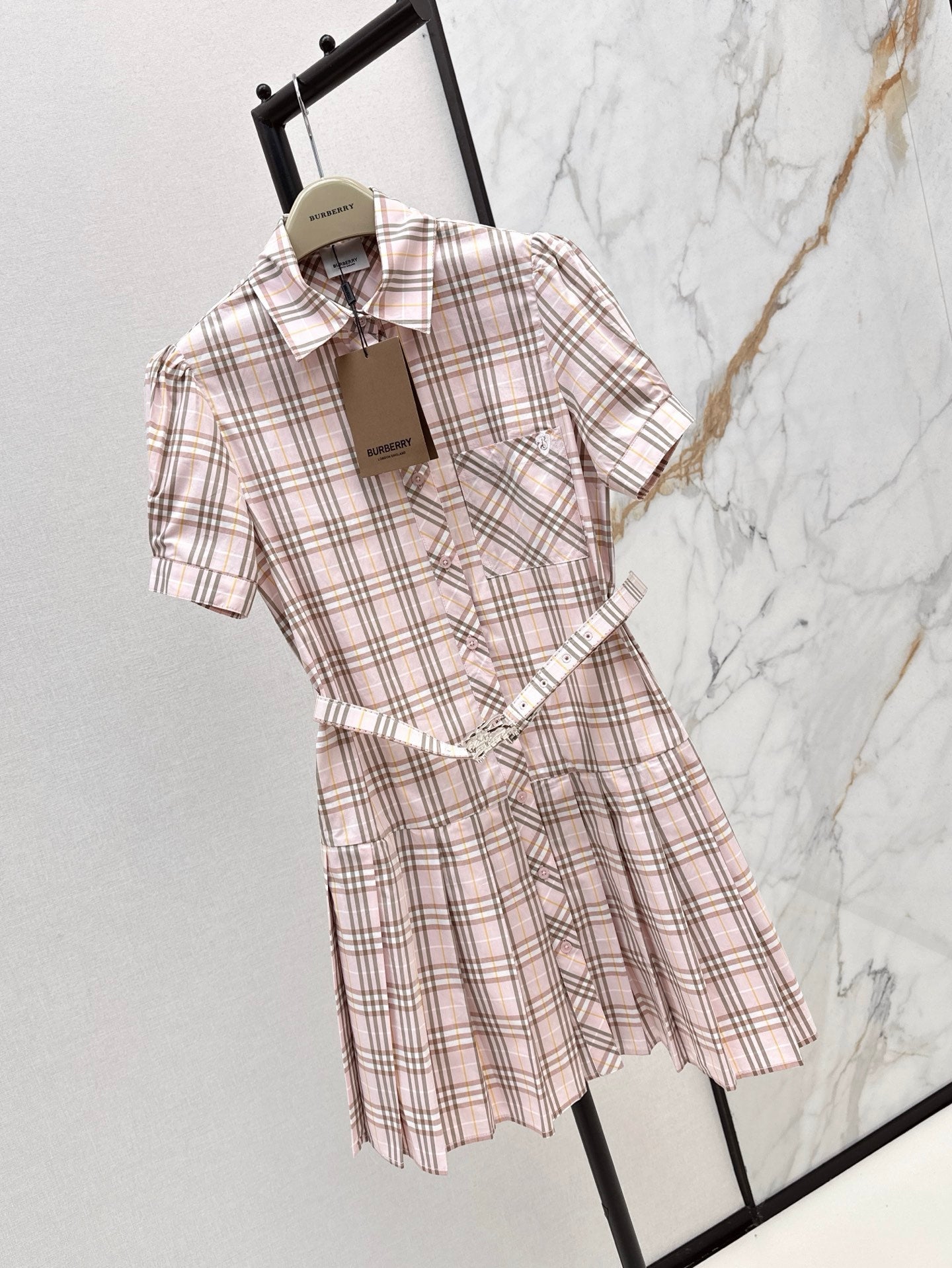 Bur* 25ss check pleated shirt dress