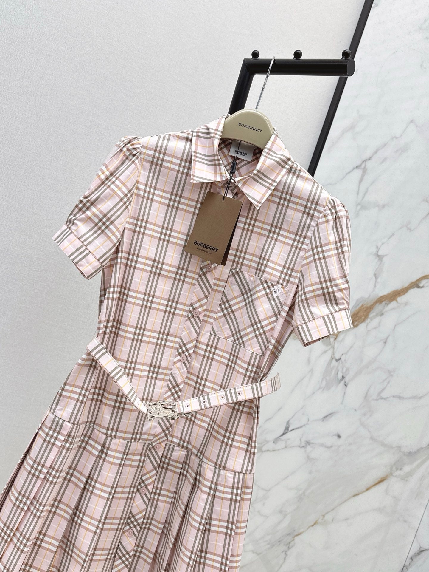 Bur* 25ss check pleated shirt dress