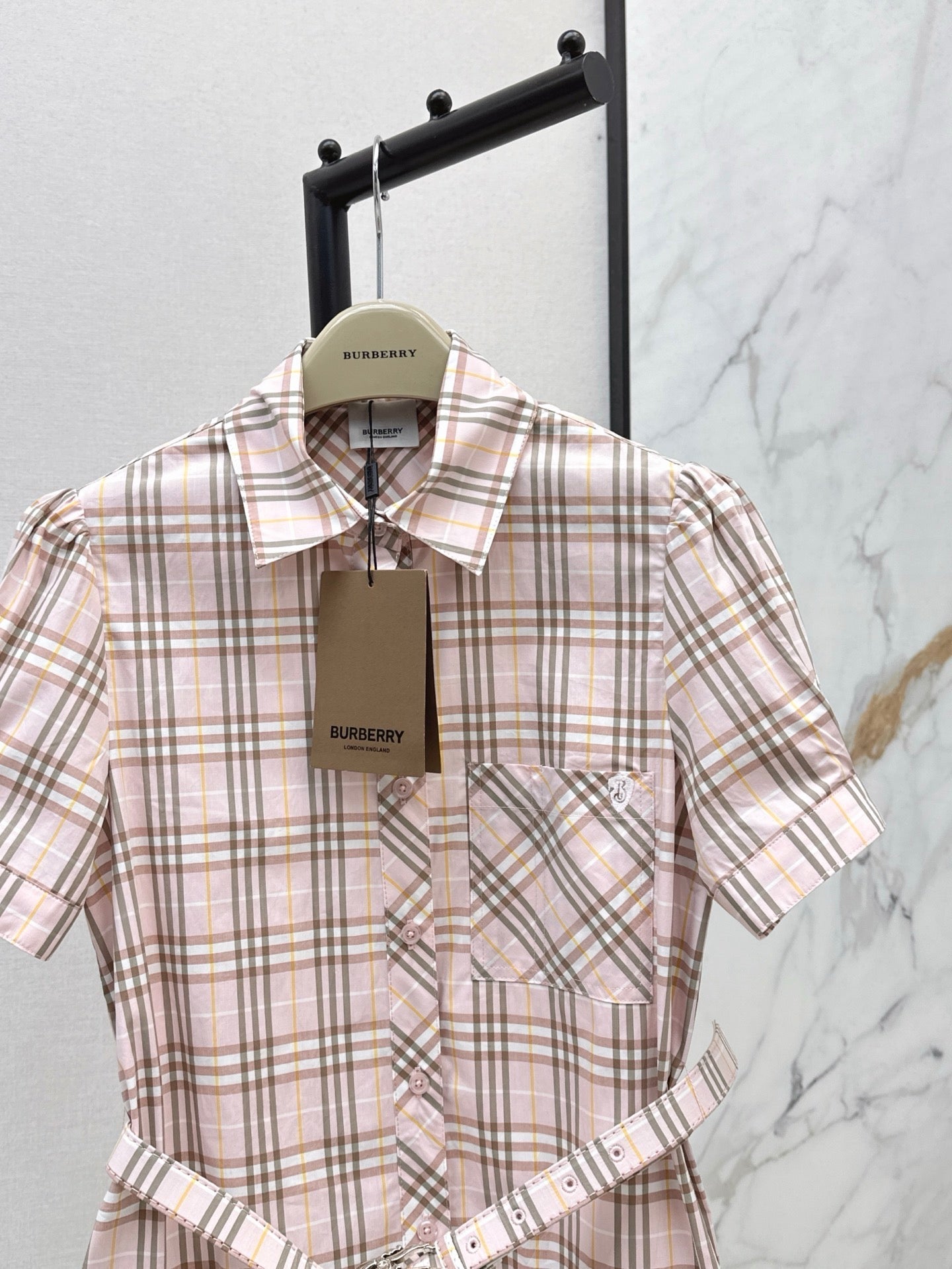 Bur* 25ss check pleated shirt dress