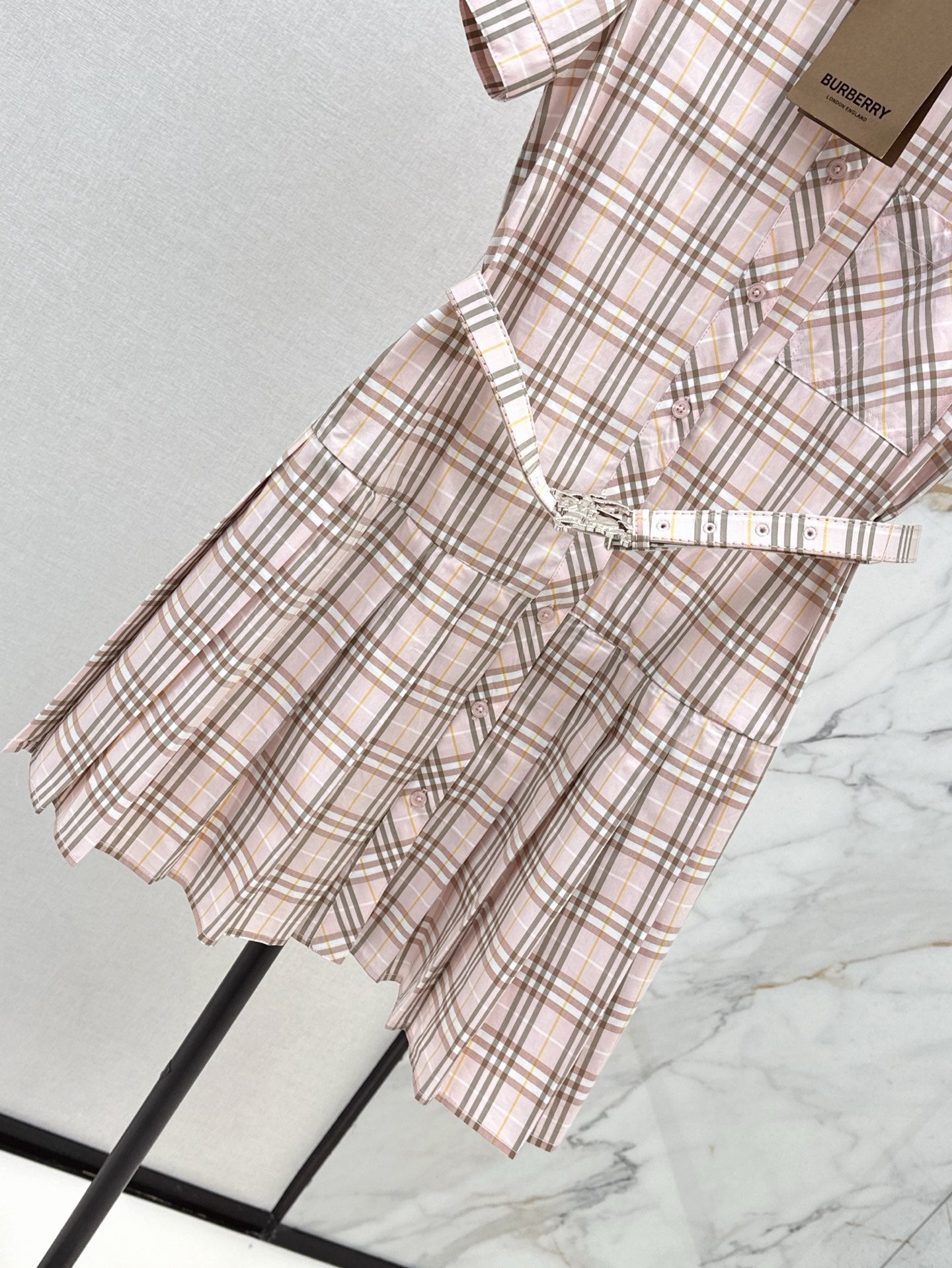 Bur* 25ss check pleated shirt dress