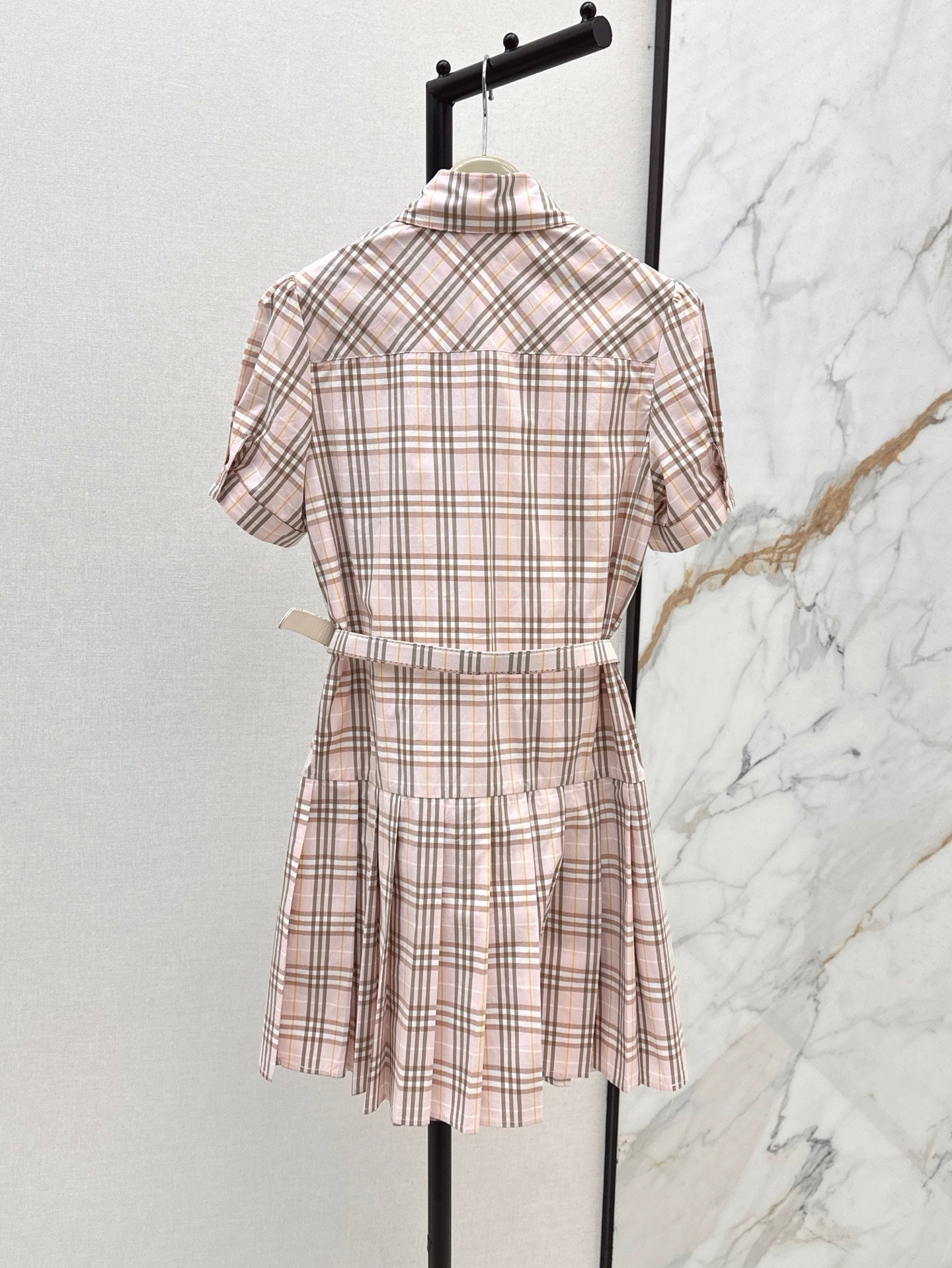 Bur* 25ss check pleated shirt dress